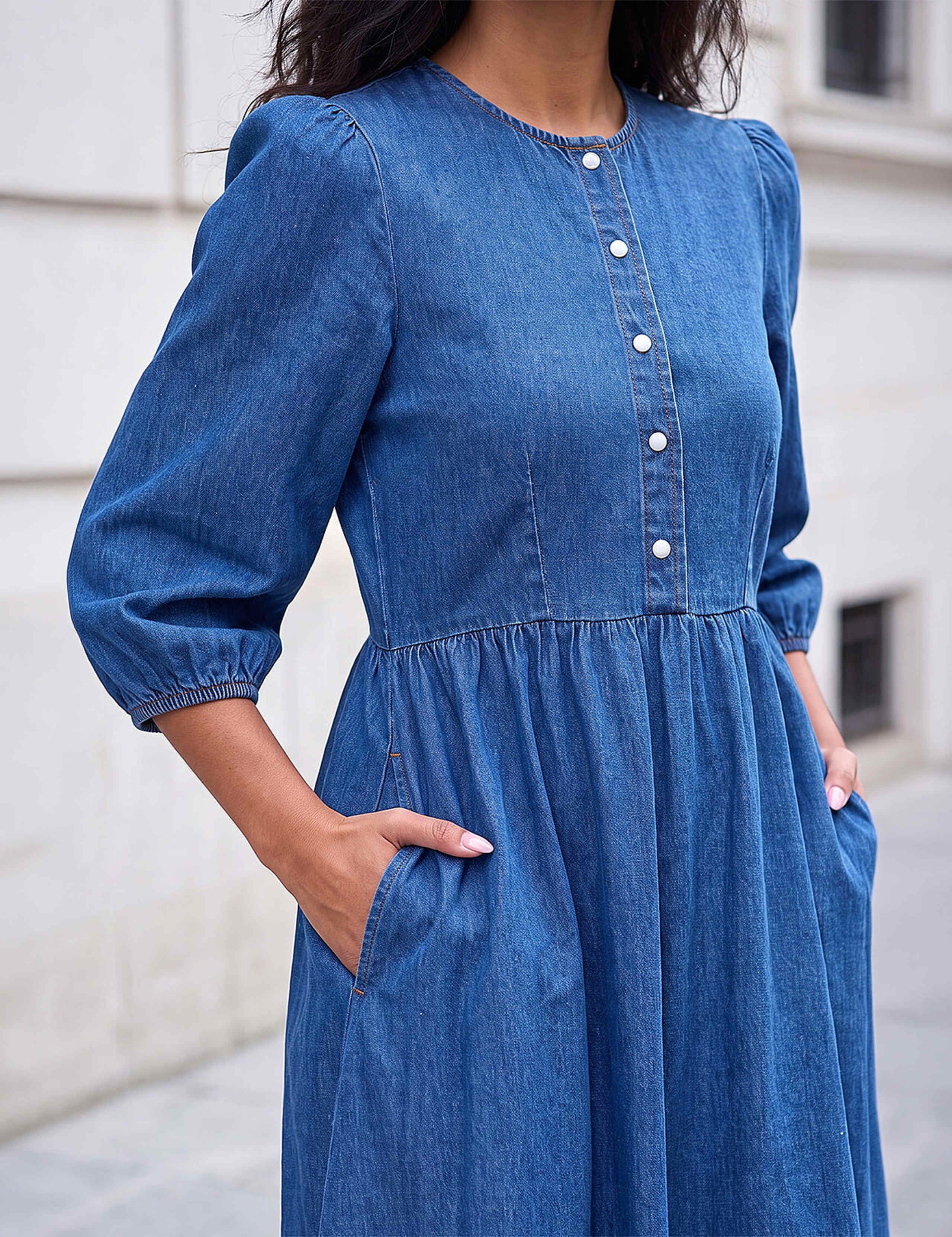 Denim Scoop Neck Button Detail Midi Dress 4 of 4
