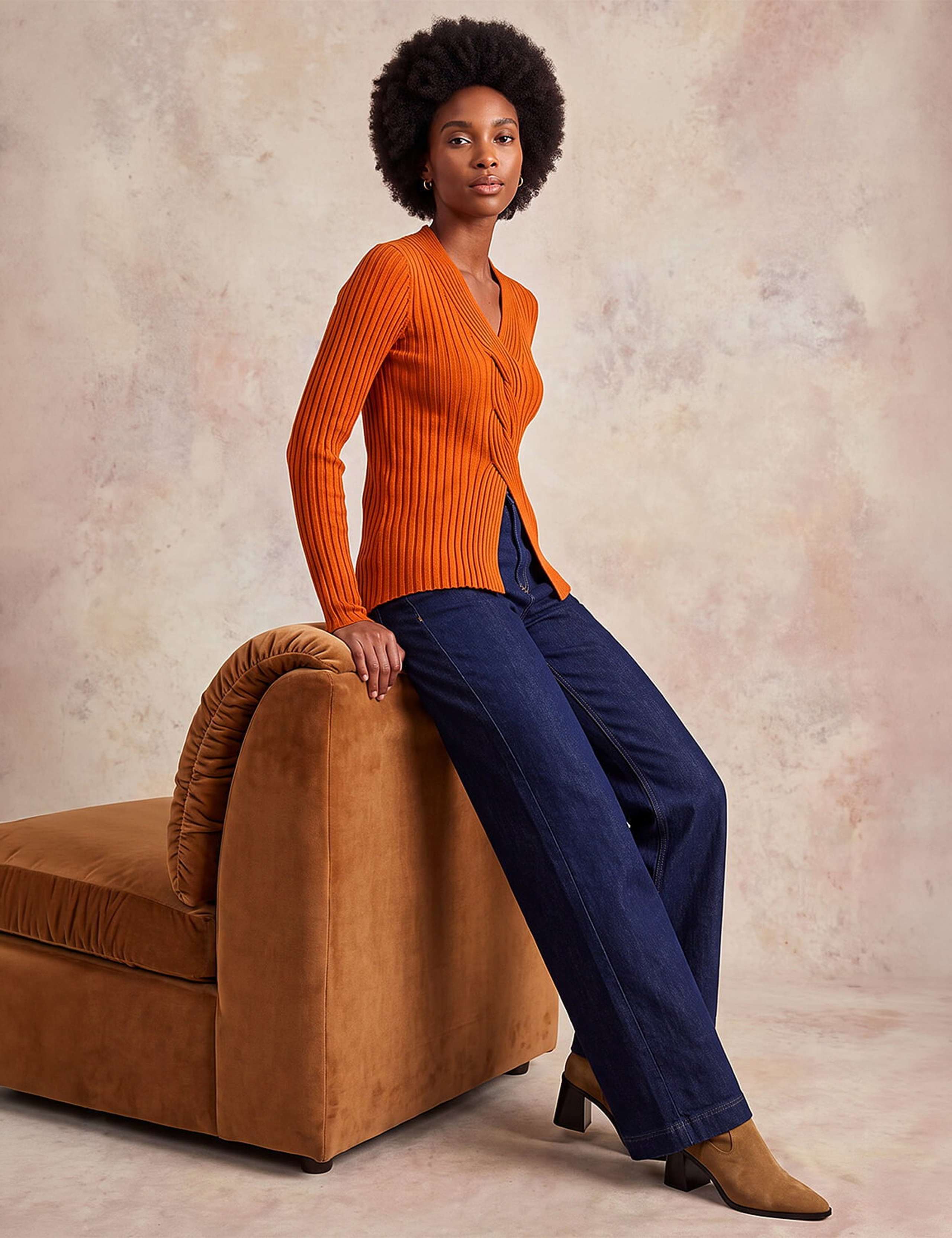 Cable Split Detail Rib V-Neck Jumper 1 of 4