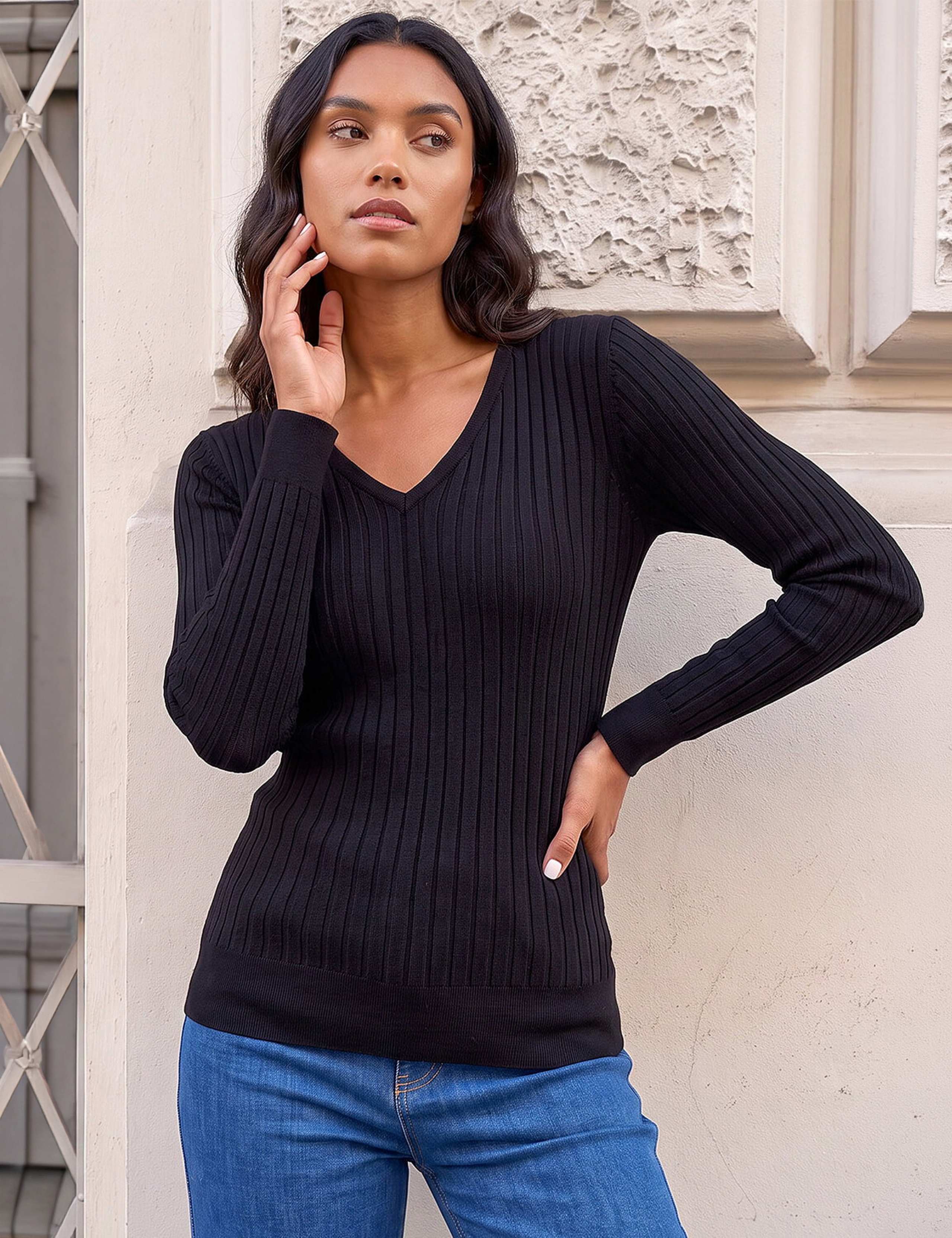 V Neck Ribbed Knit Jumper 1 of 4