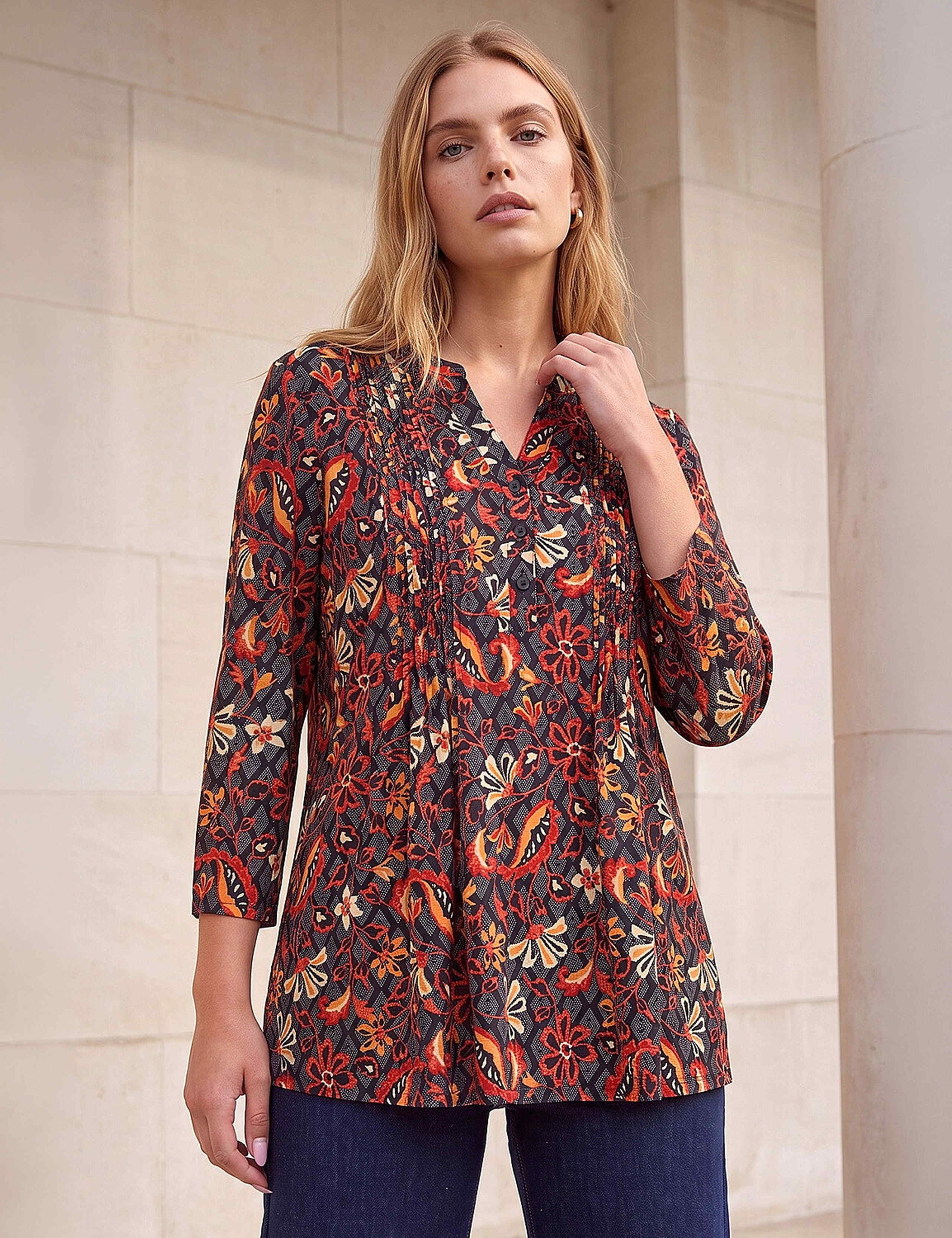 Geometric Floral Notch Neck Pintuck Shirt 1 of 4