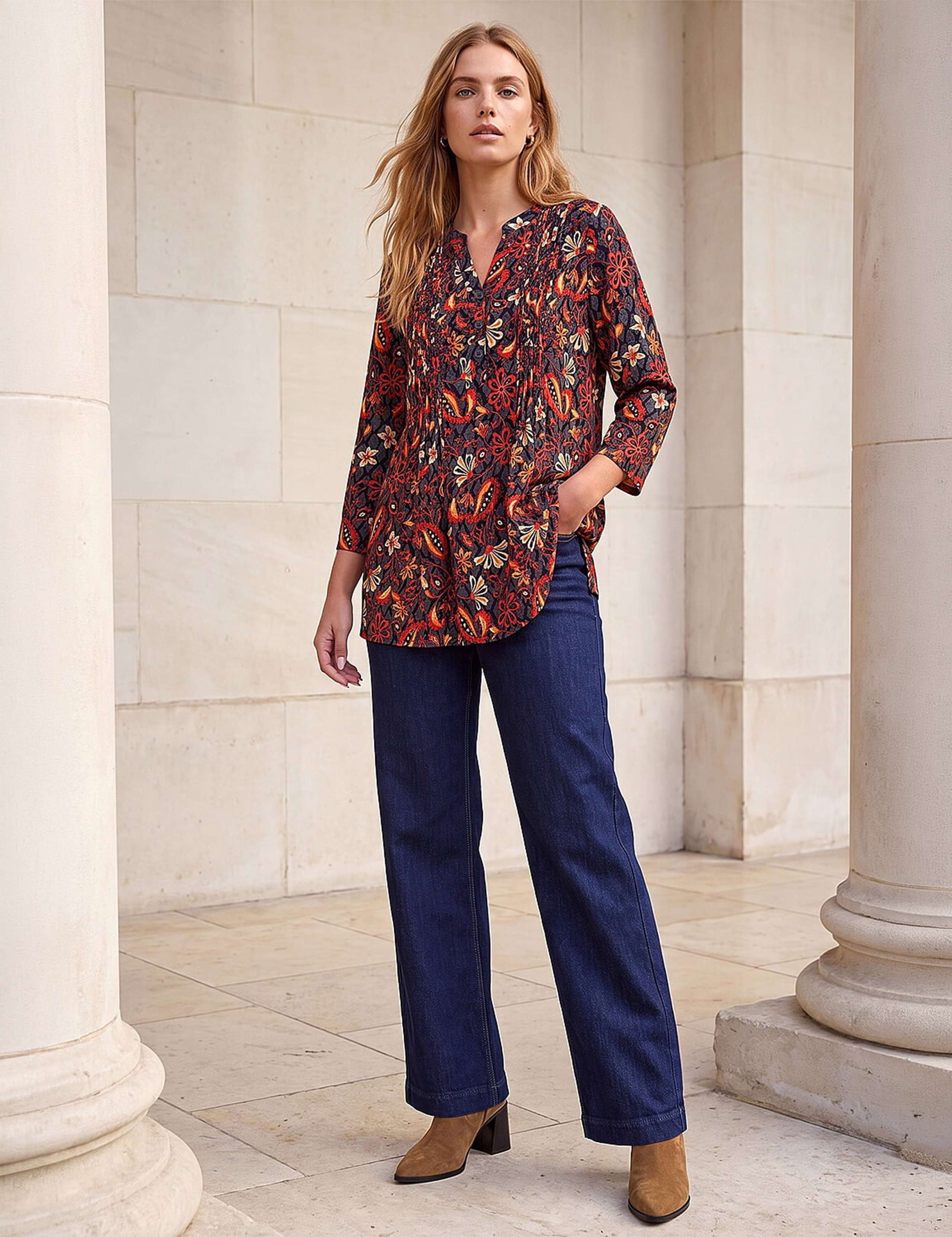 Geometric Floral Notch Neck Pintuck Shirt 2 of 4