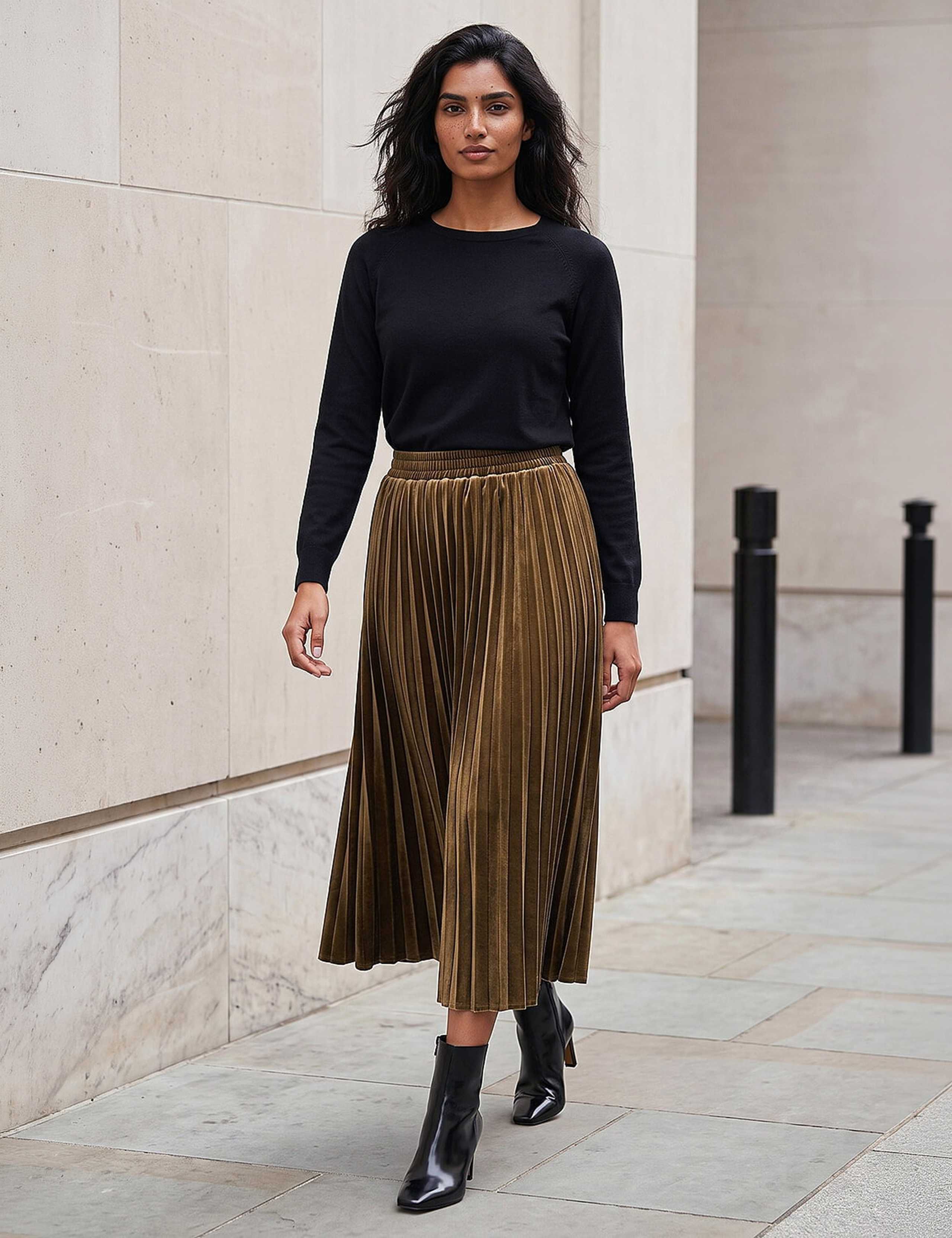 Pleated Velvet Midi Skirt 2 of 3