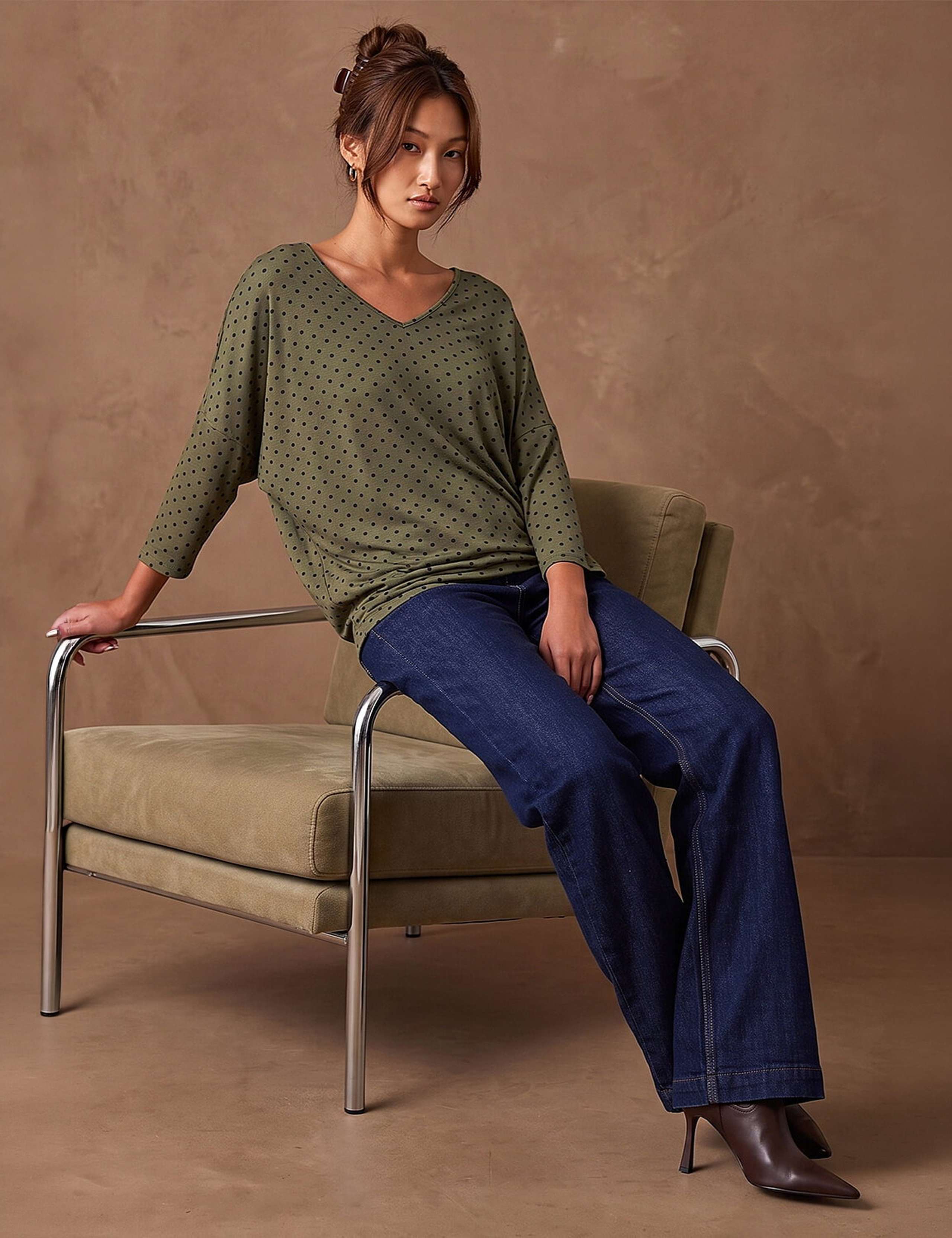 Polka Dot V Neck Stretch Top 2 of 4