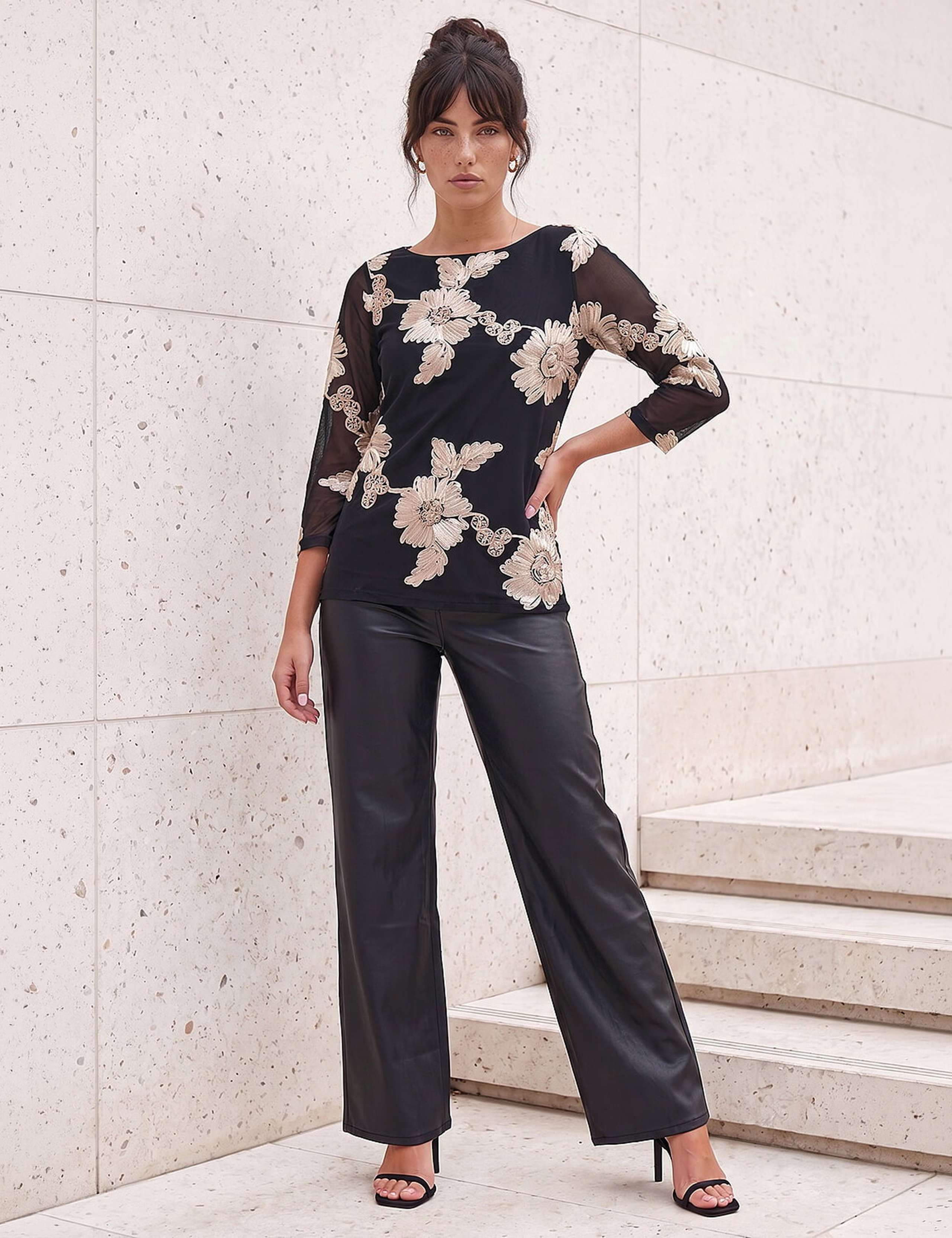 Textured Mesh Round Neck Long Sleeve Top 2 of 4