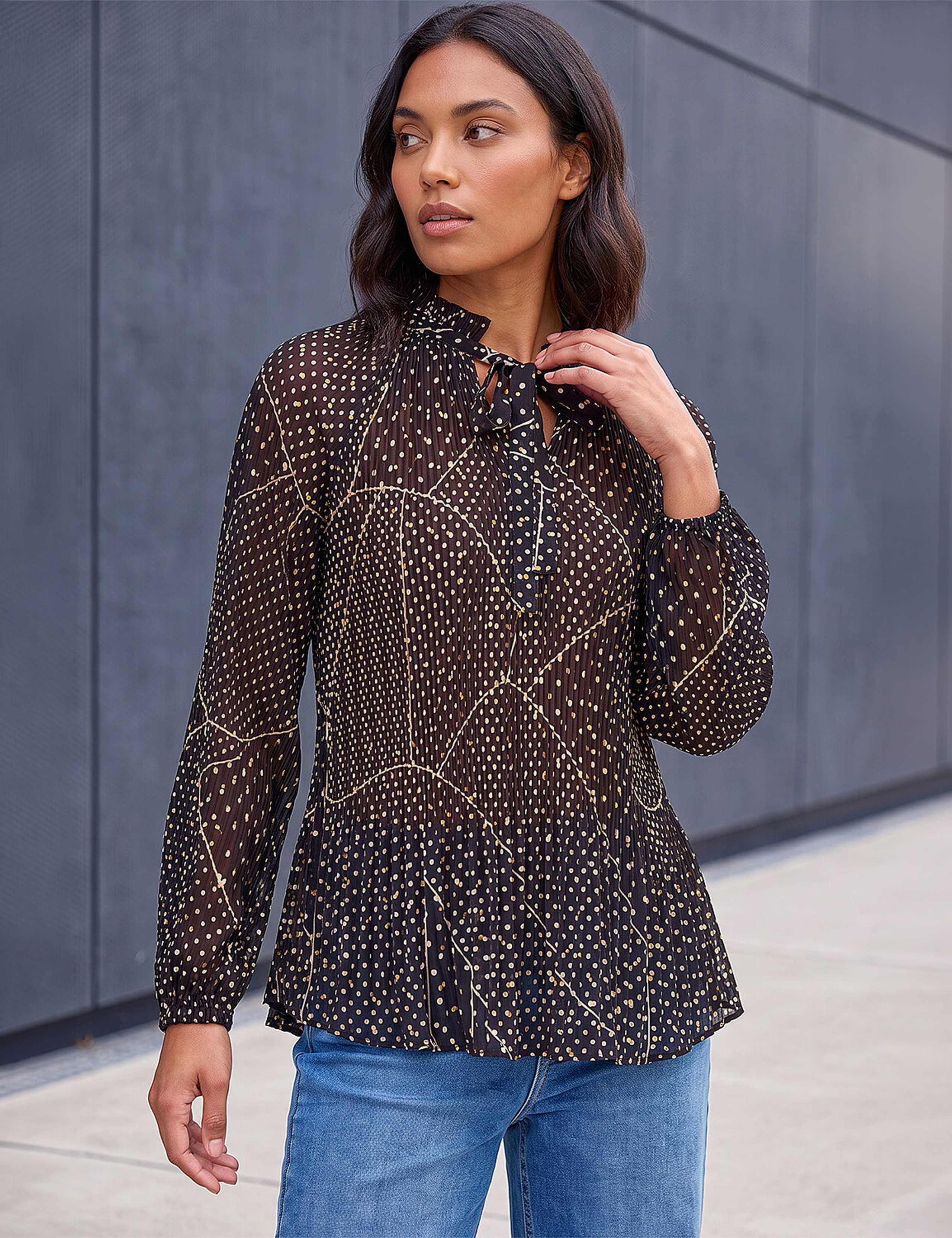Polka Dot Tie Neck Pleated Top 2 of 4