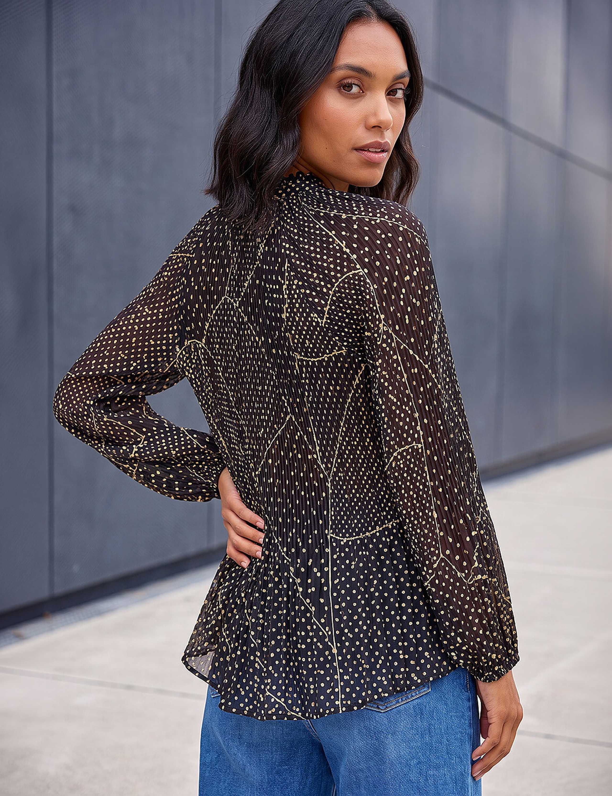 Polka Dot Tie Neck Pleated Top 3 of 4