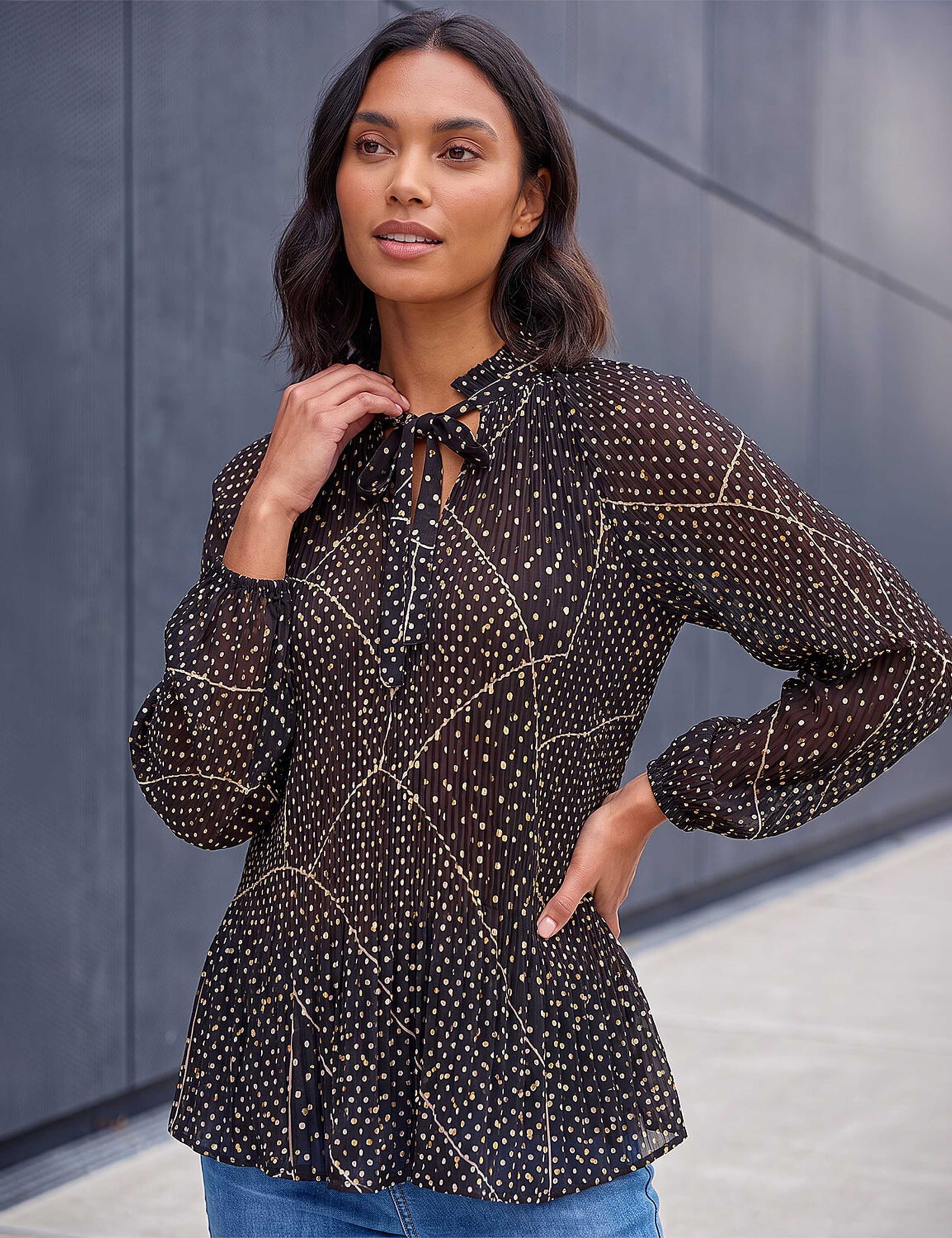 Polka Dot Tie Neck Pleated Top 4 of 4