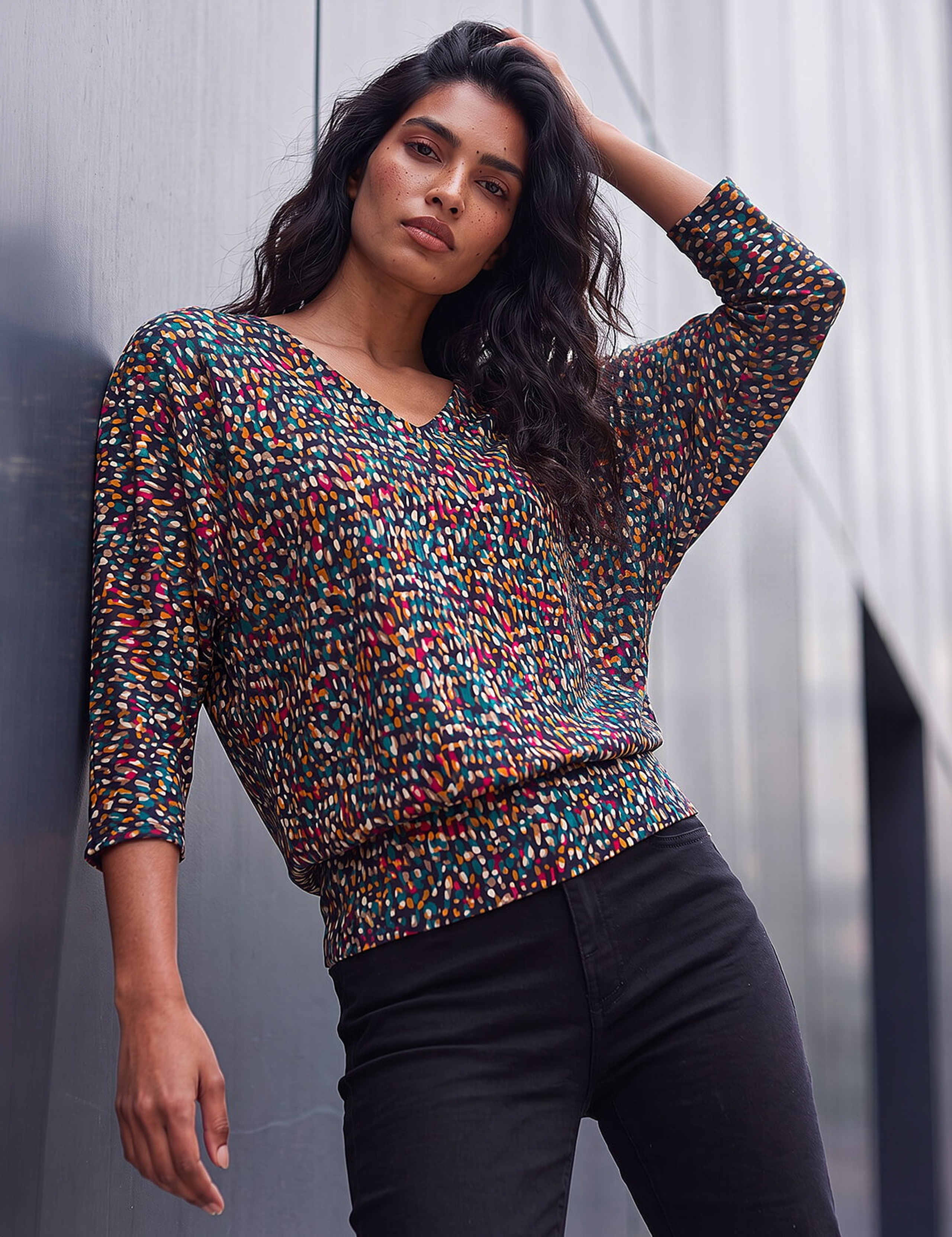 Printed V-Neck Bubble Hem Top 3 of 4