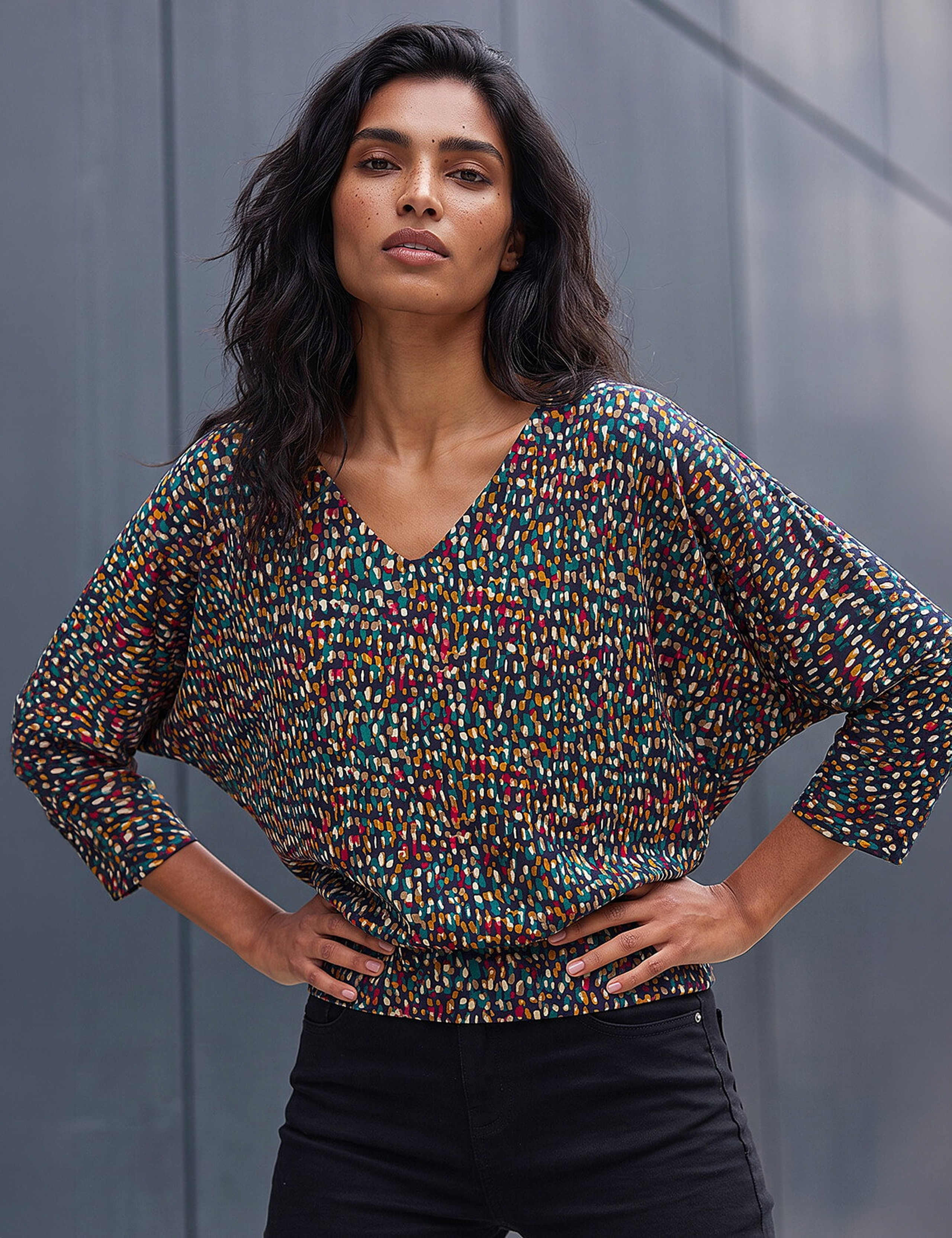 Printed V-Neck Bubble Hem Top 4 of 4