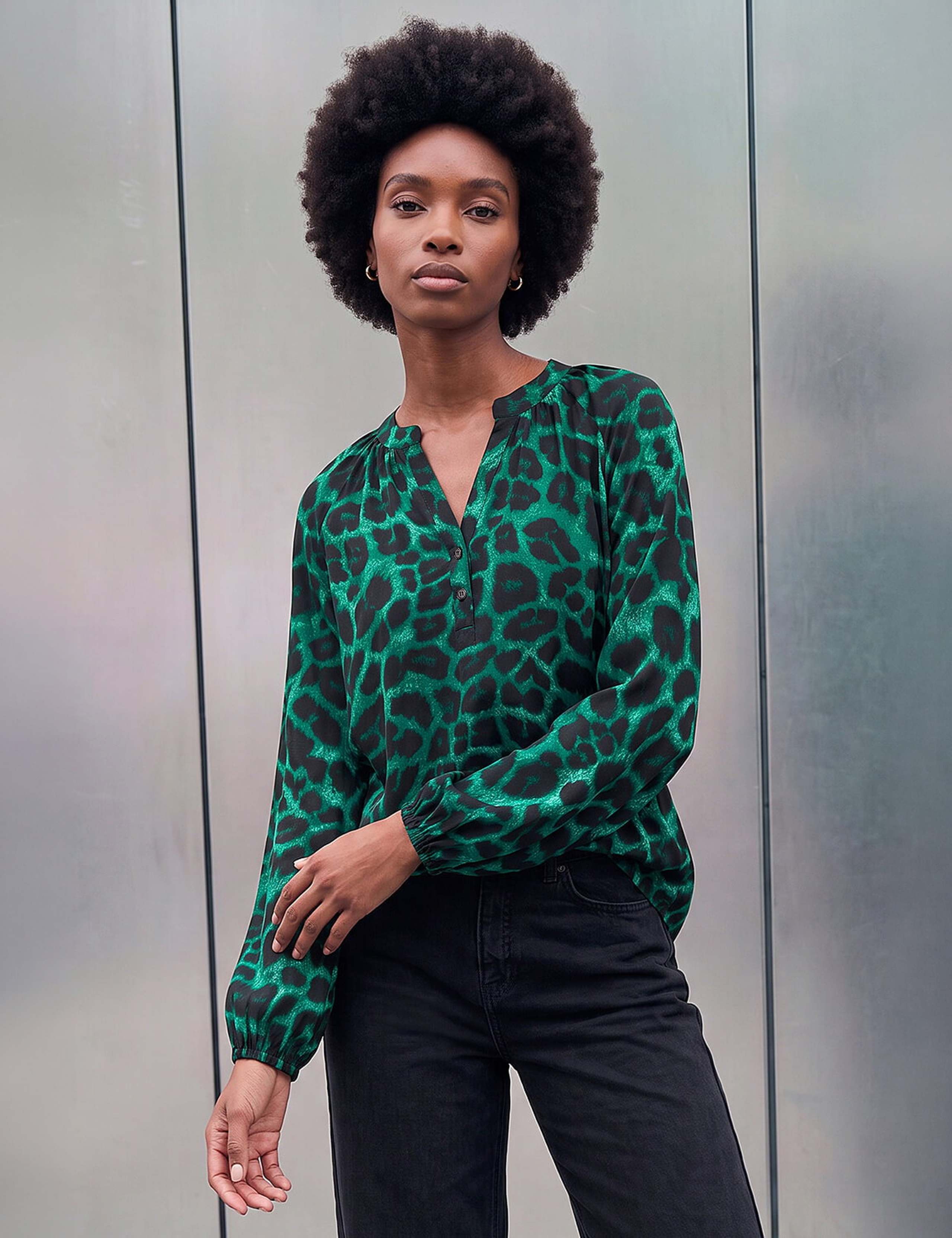 Animal Print V Neck Button Through Top 1 of 4