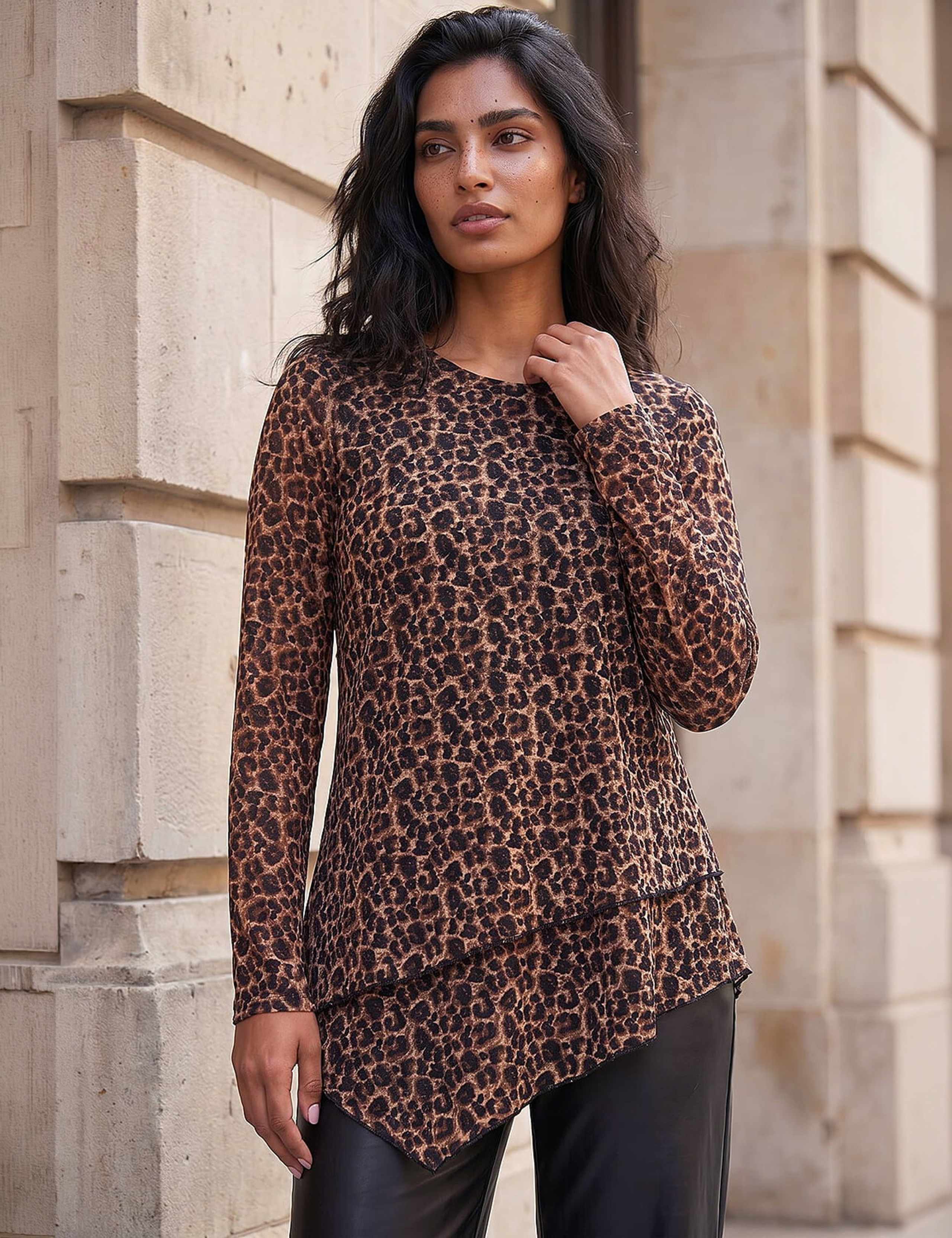 Animal Print Round Neck Layered Hem Top 2 of 4
