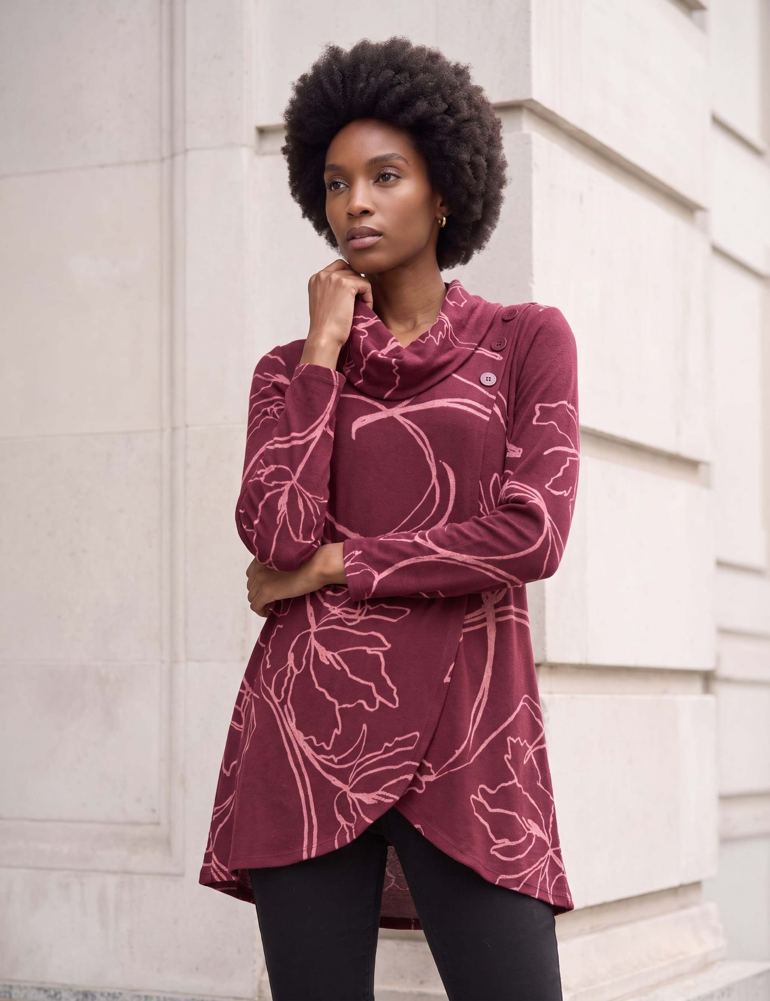 Leaf Print Cowl Neck Stretch Top 1 of 4