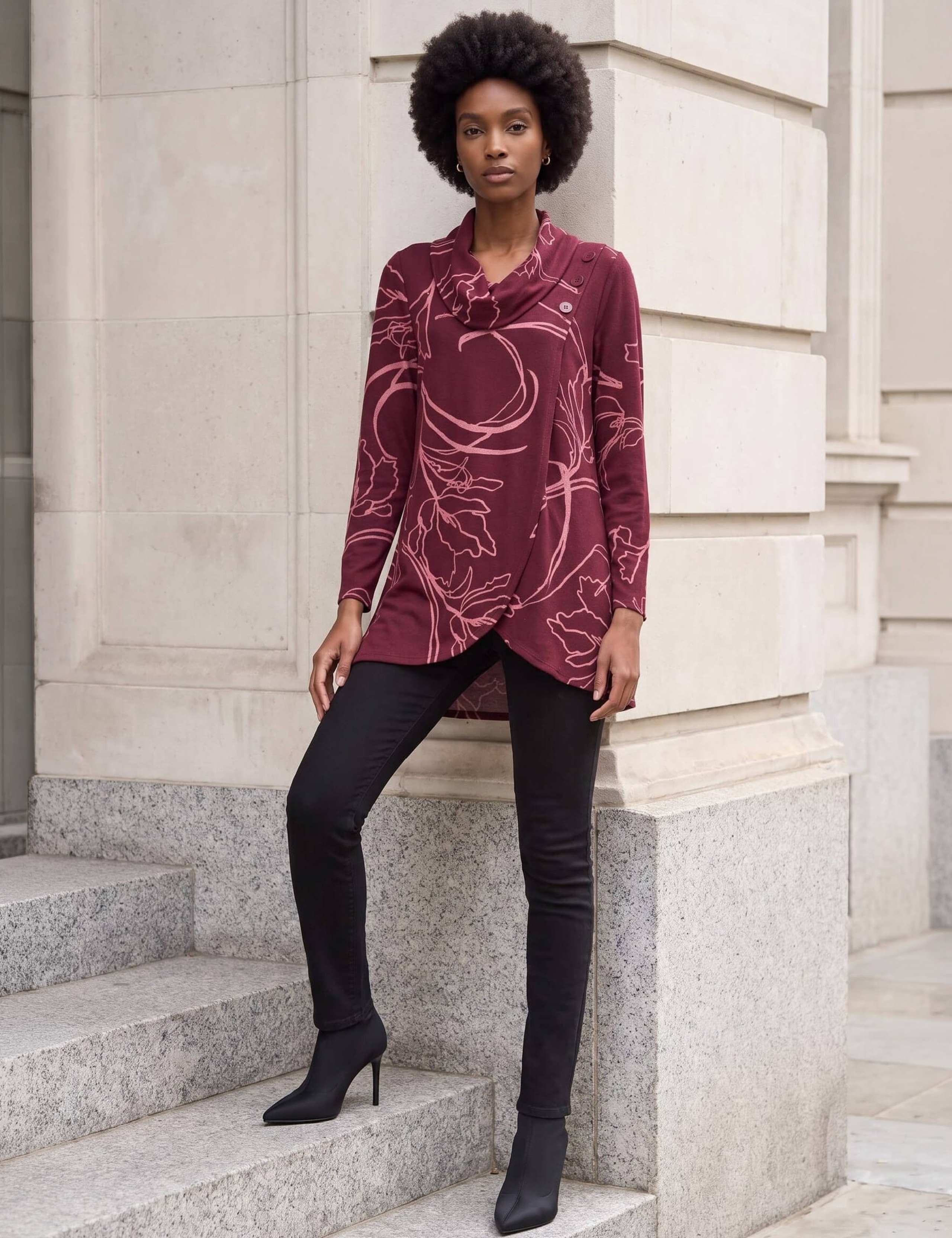 Leaf Print Cowl Neck Stretch Top 2 of 4