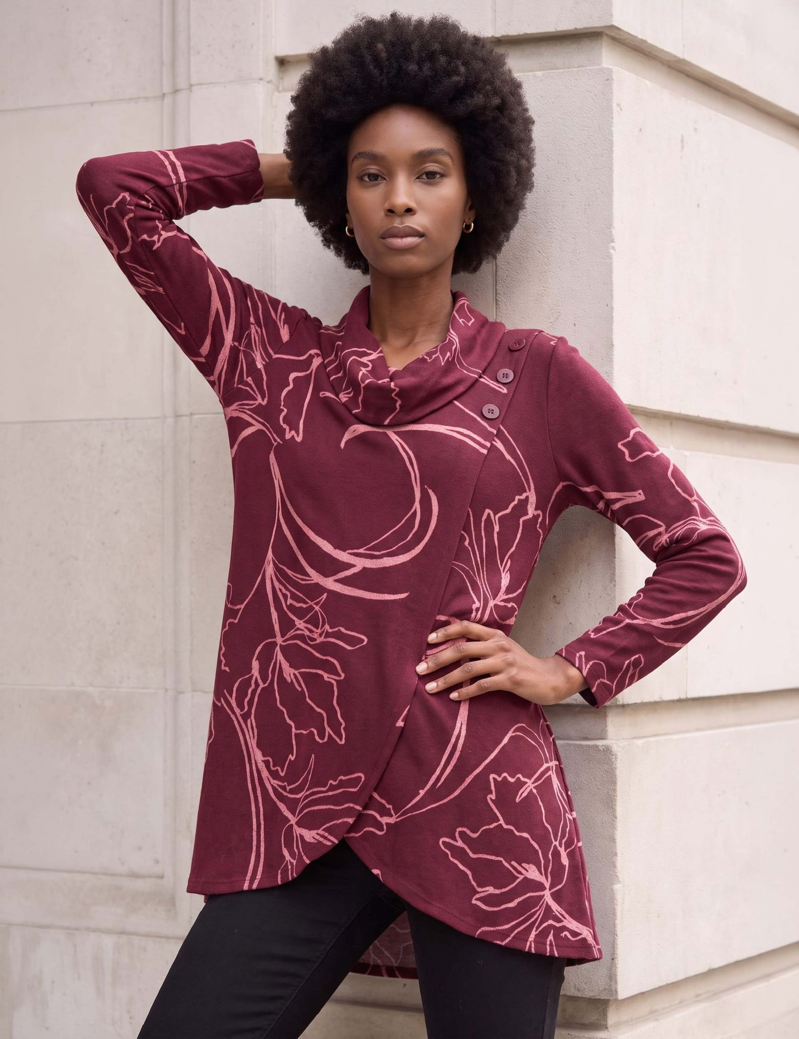 Leaf Print Cowl Neck Stretch Top 3 of 4
