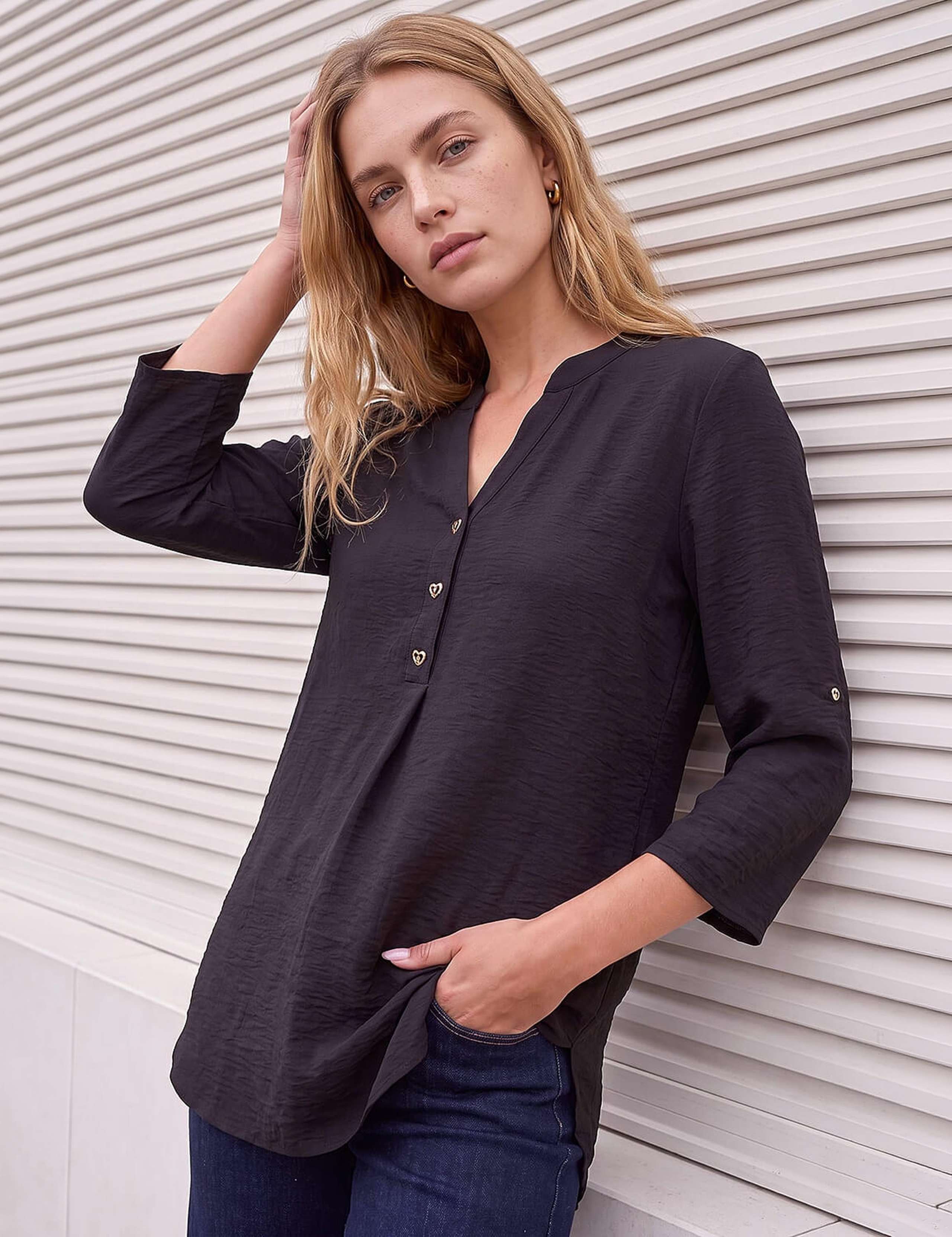 Notch Neck Button Detail Longline Top 1 of 3