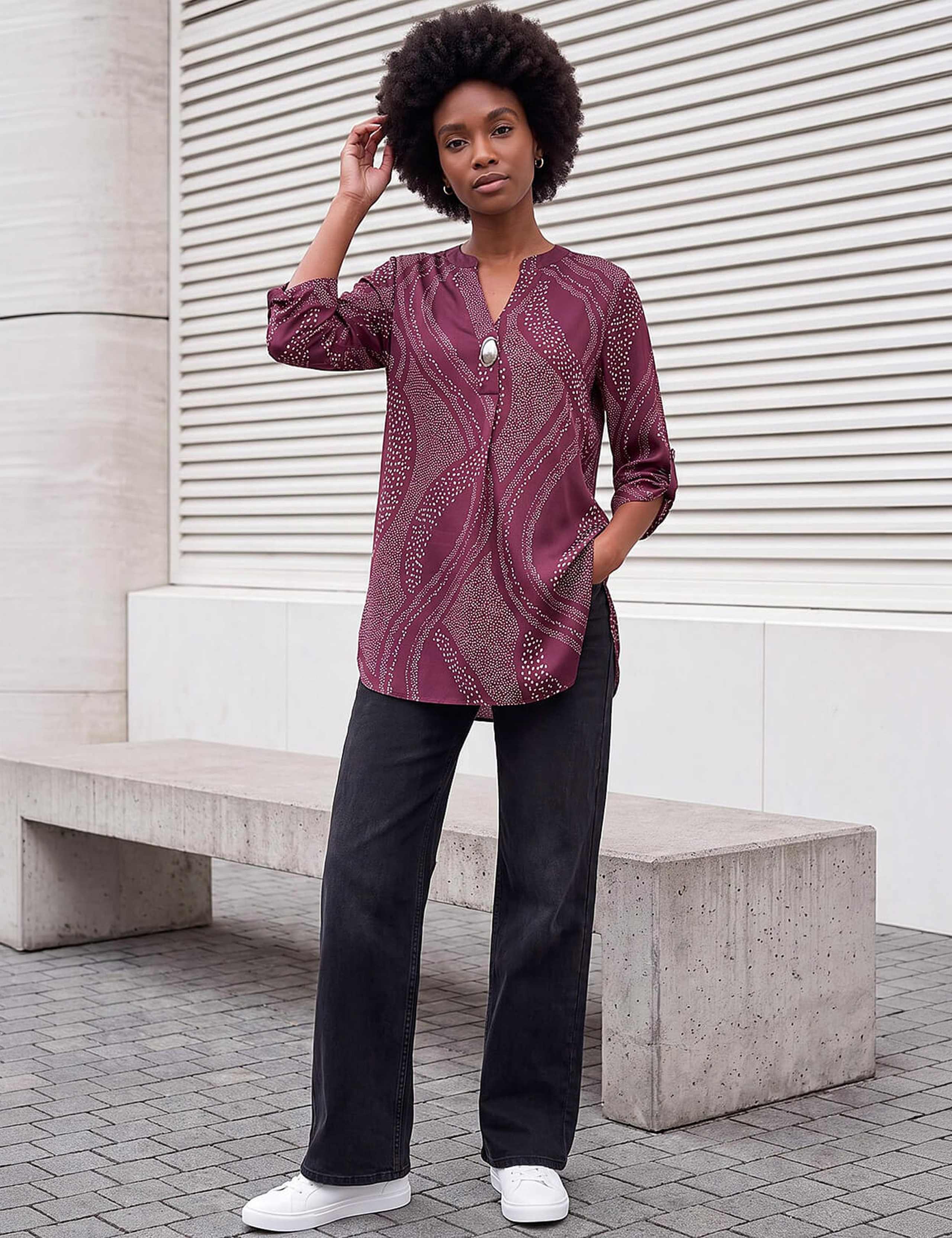 Satin Spot Print Notch Neck Longline Top 3 of 4