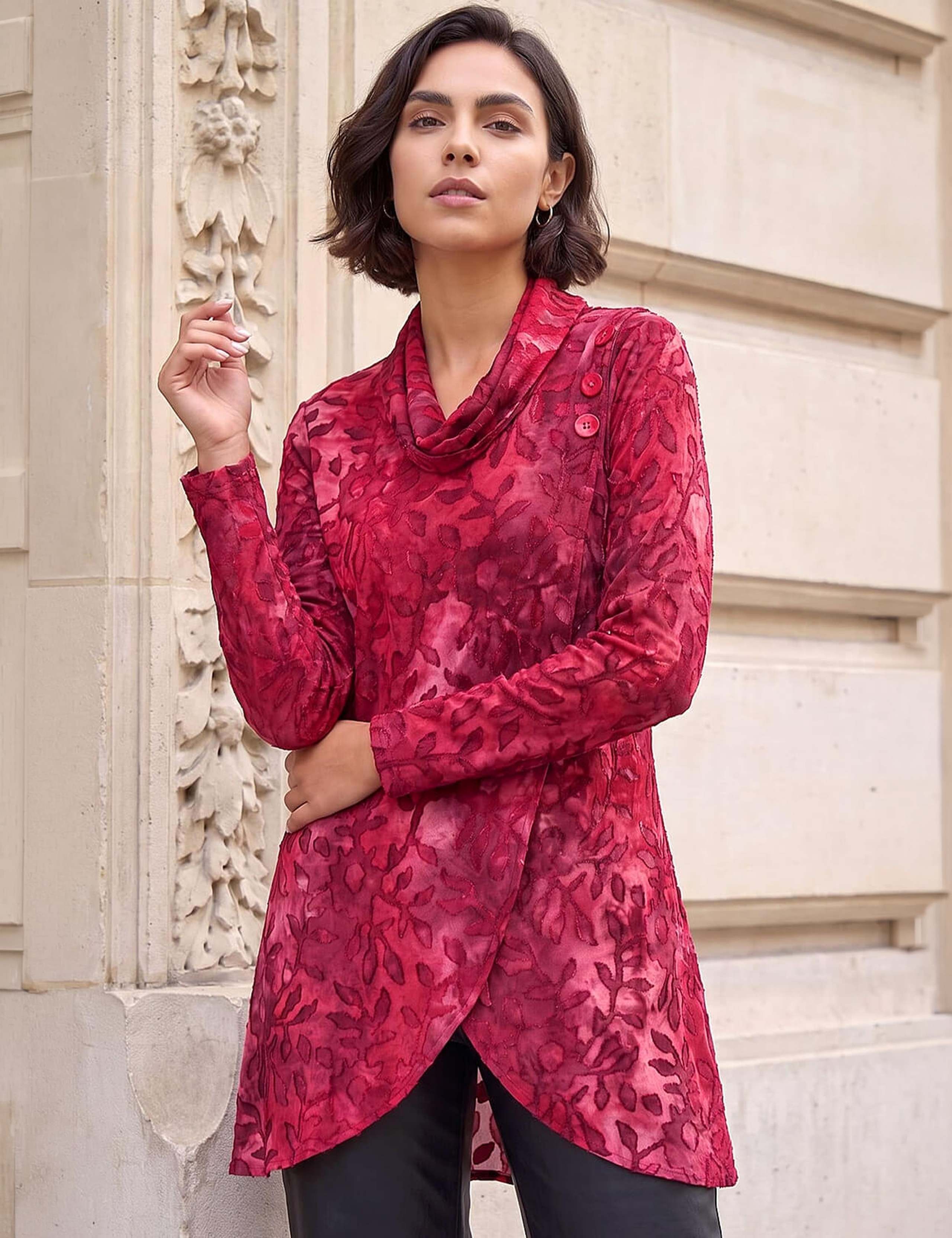 Burnout Print Cowl Neck Tunic Top 1 of 4