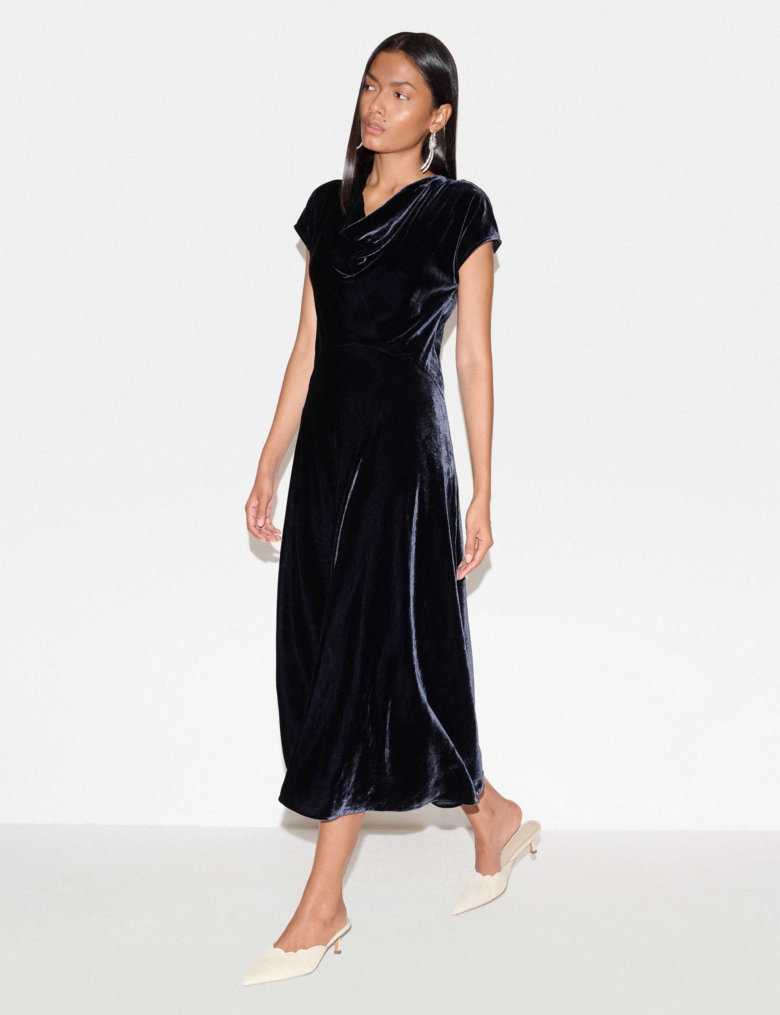 Velvet Cowl Neck Midi Waisted Dress 3 of 6