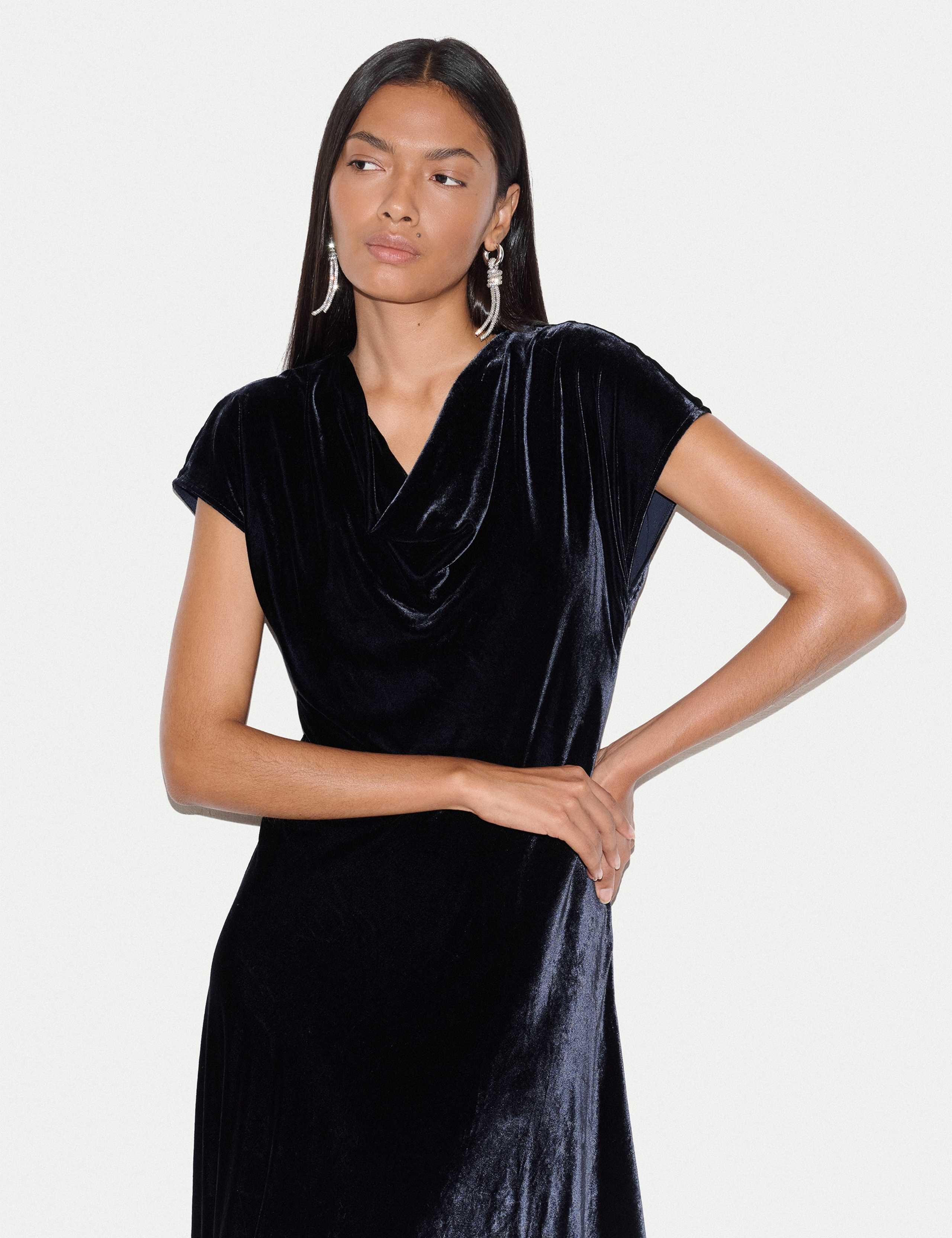 Velvet Cowl Neck Midi Waisted Dress 4 of 6
