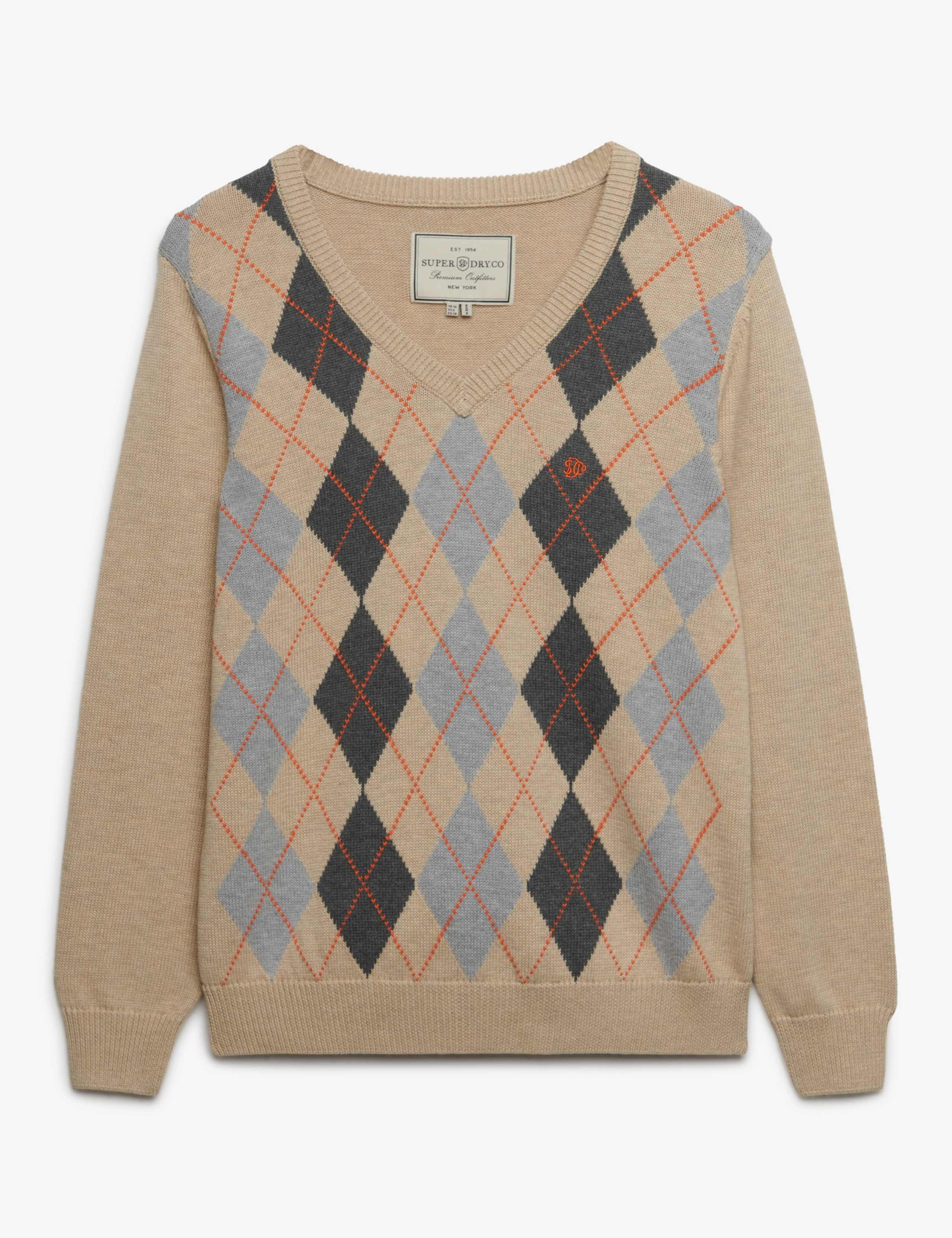 Pure Cotton Argyle V Neck Relaxed Jumper 2 of 7