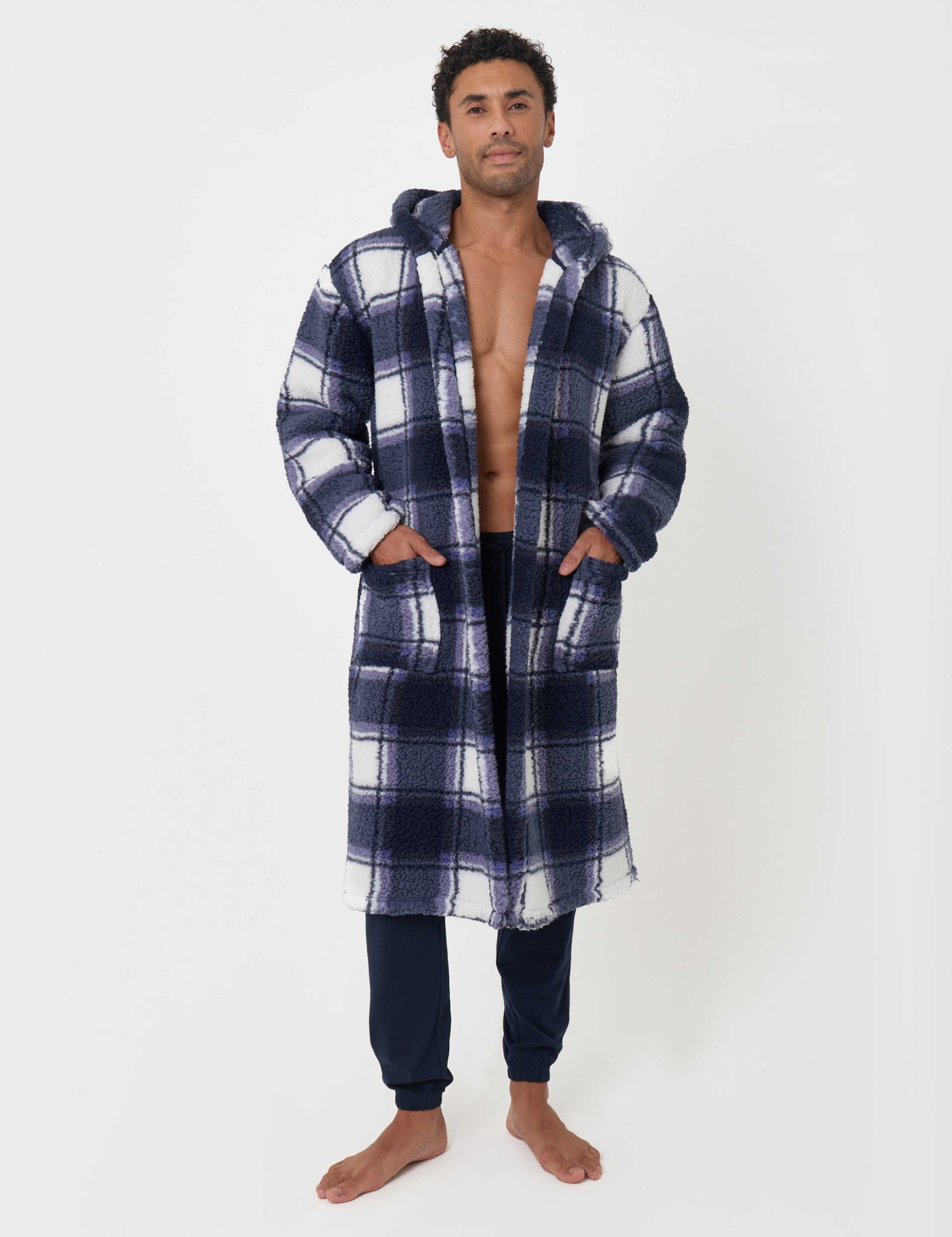 Fleece Checked Hooded Dressing Gown 1 of 6