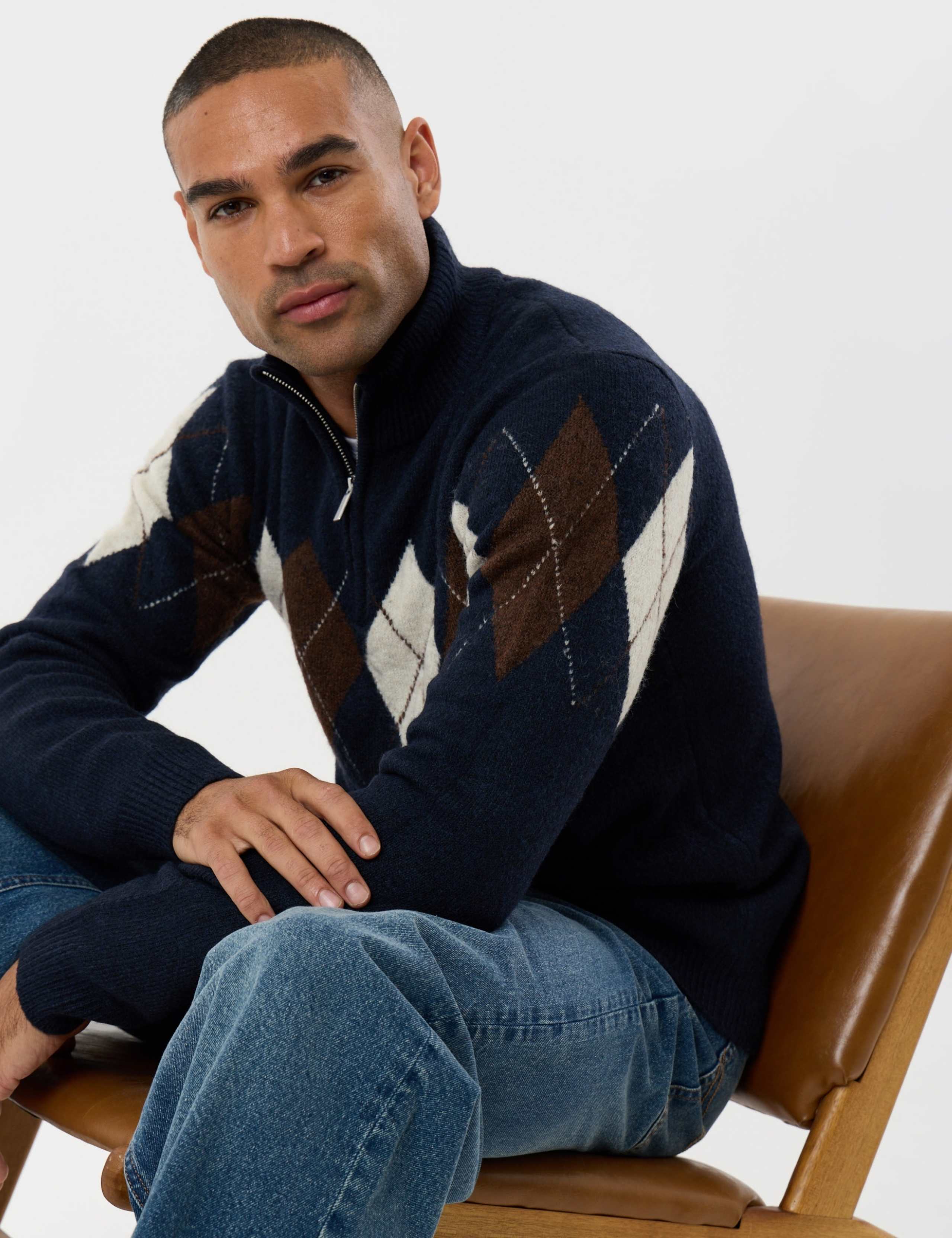 Argyle Quarter Zip Jumper With Wool 1 of 6