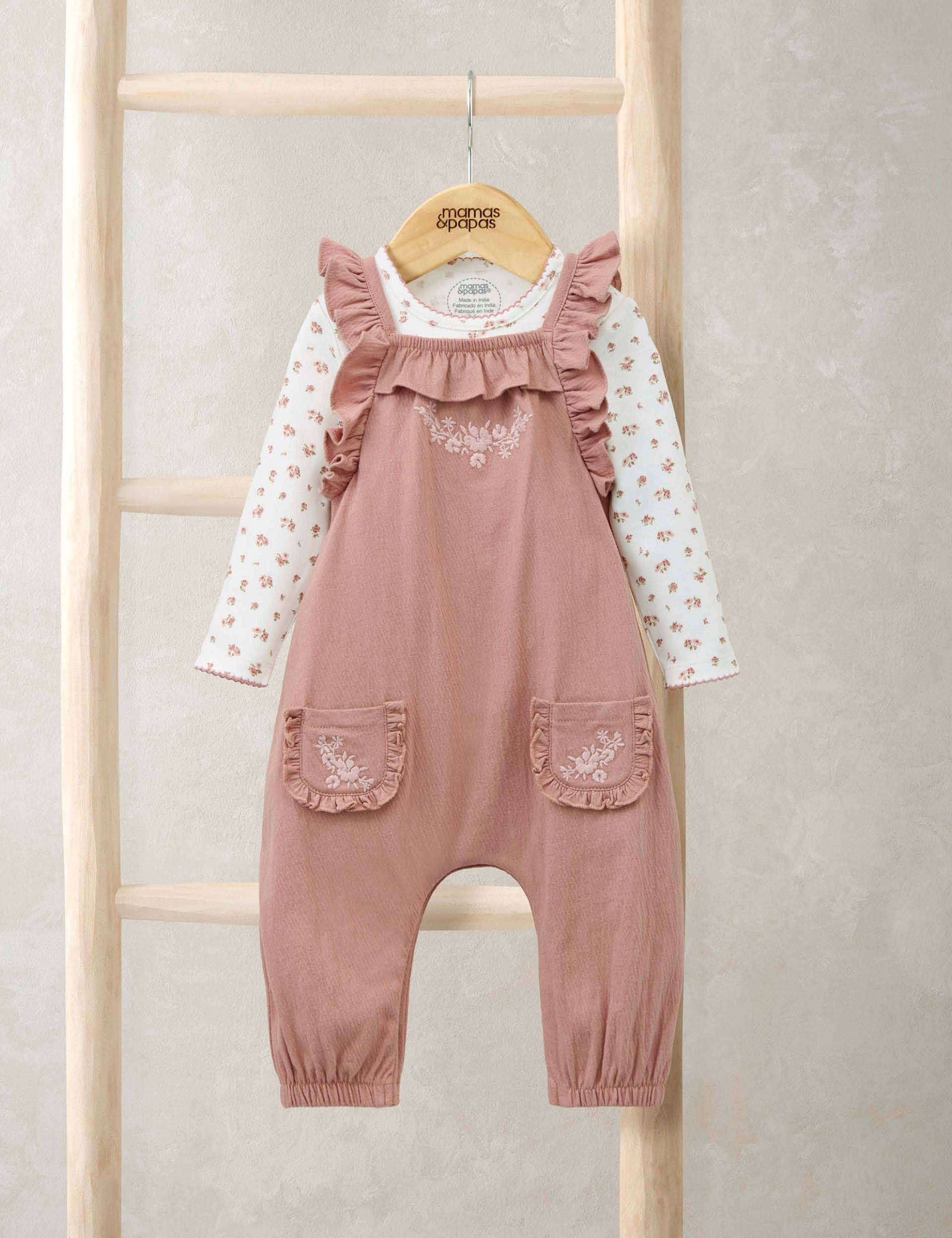 2 Pack Cotton Rich Floral Dungaree Outfit (0-12 Mths) 1 of 5