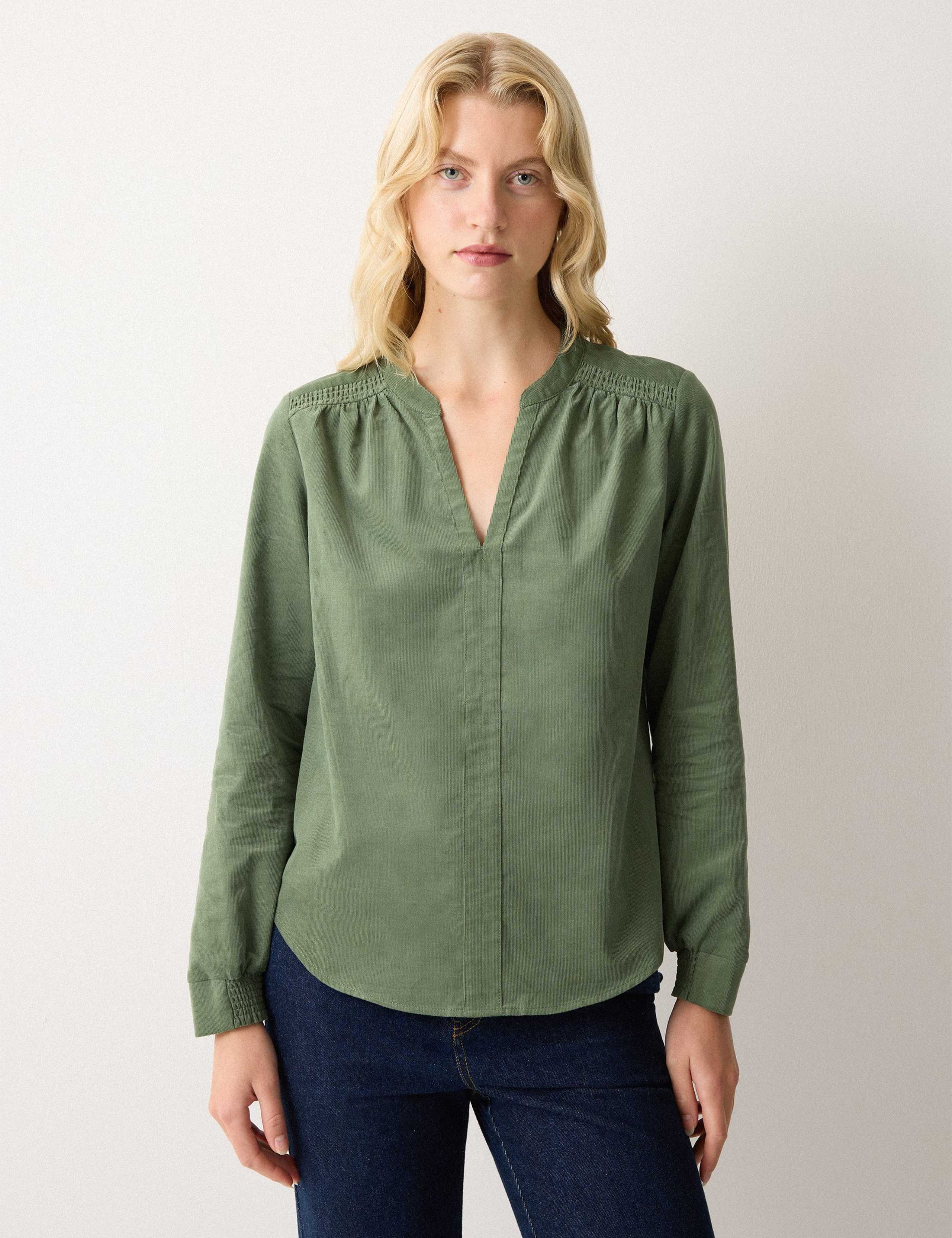 Cord V-Neck Shirred Detail Popover Blouse 1 of 4