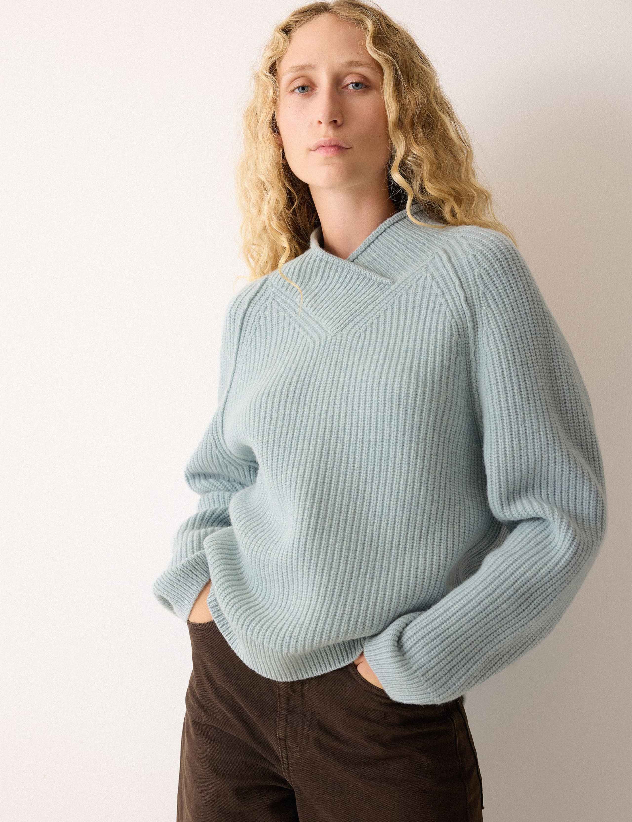 Pure Wool Ribbed V-Neck Cocoon Jumper 1 of 6