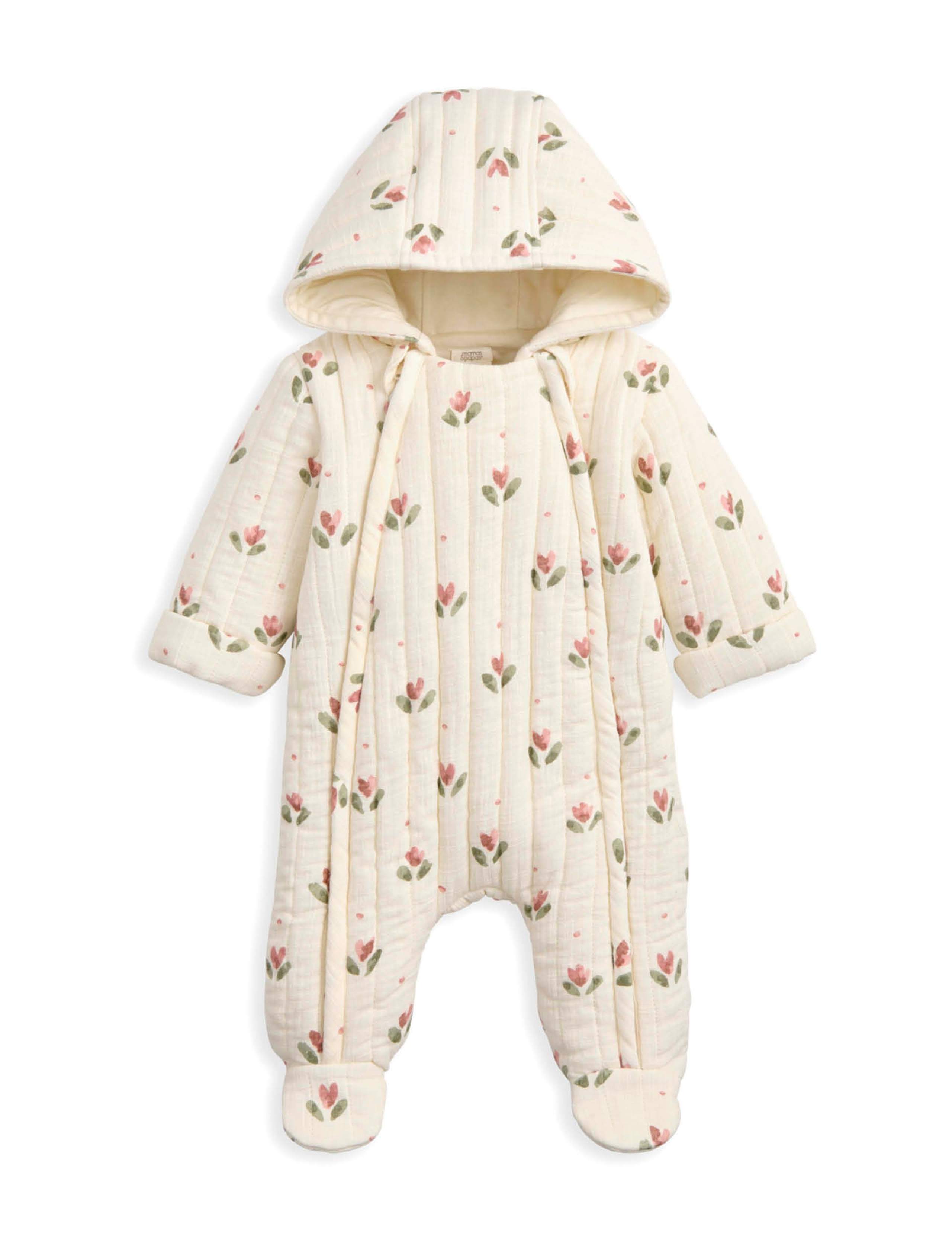 Pure Cotton Floral Hooded Pramsuit (0-12 Mths) 2 of 2