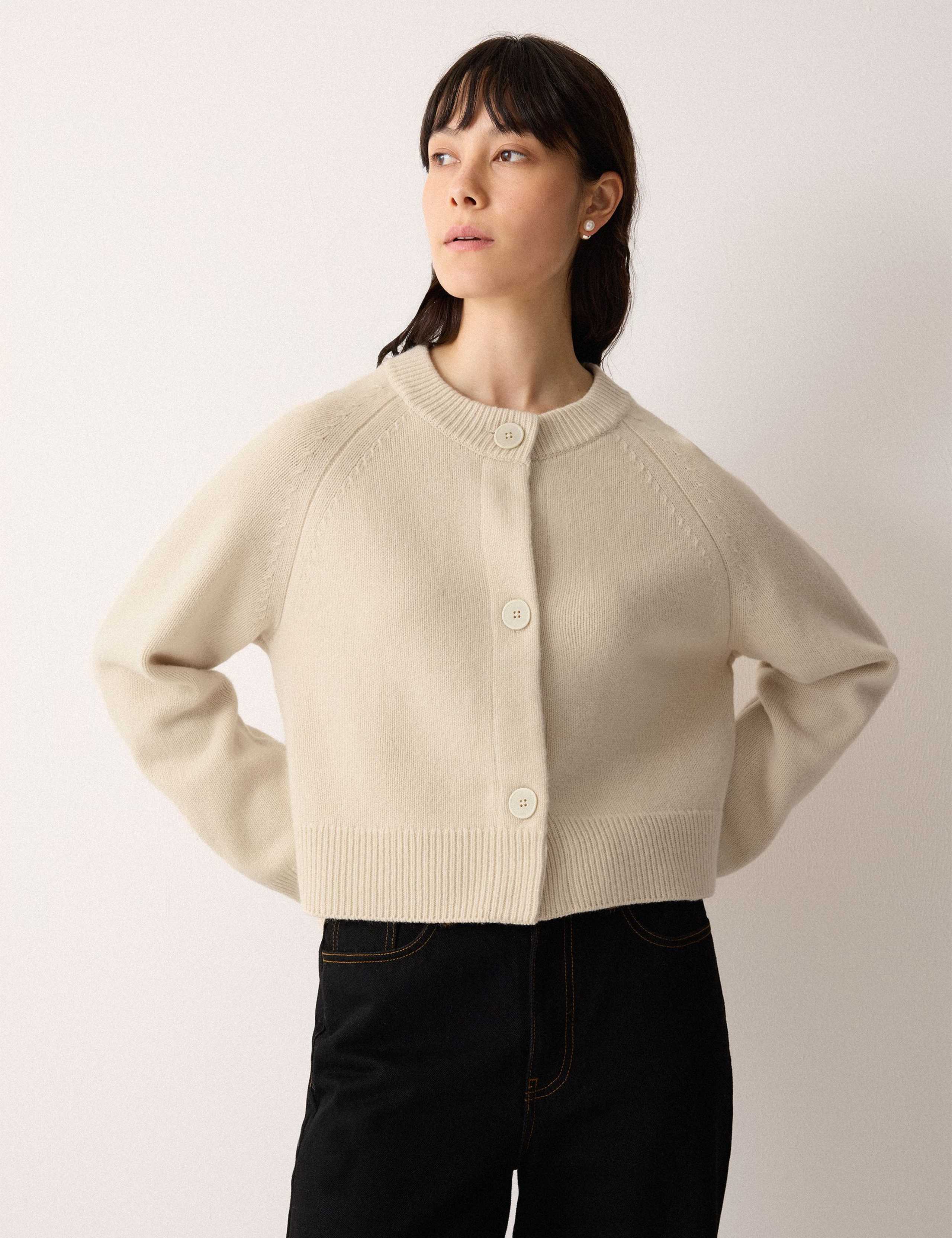 Pure Wool Crew Neck Cropped Cardigan 1 of 5