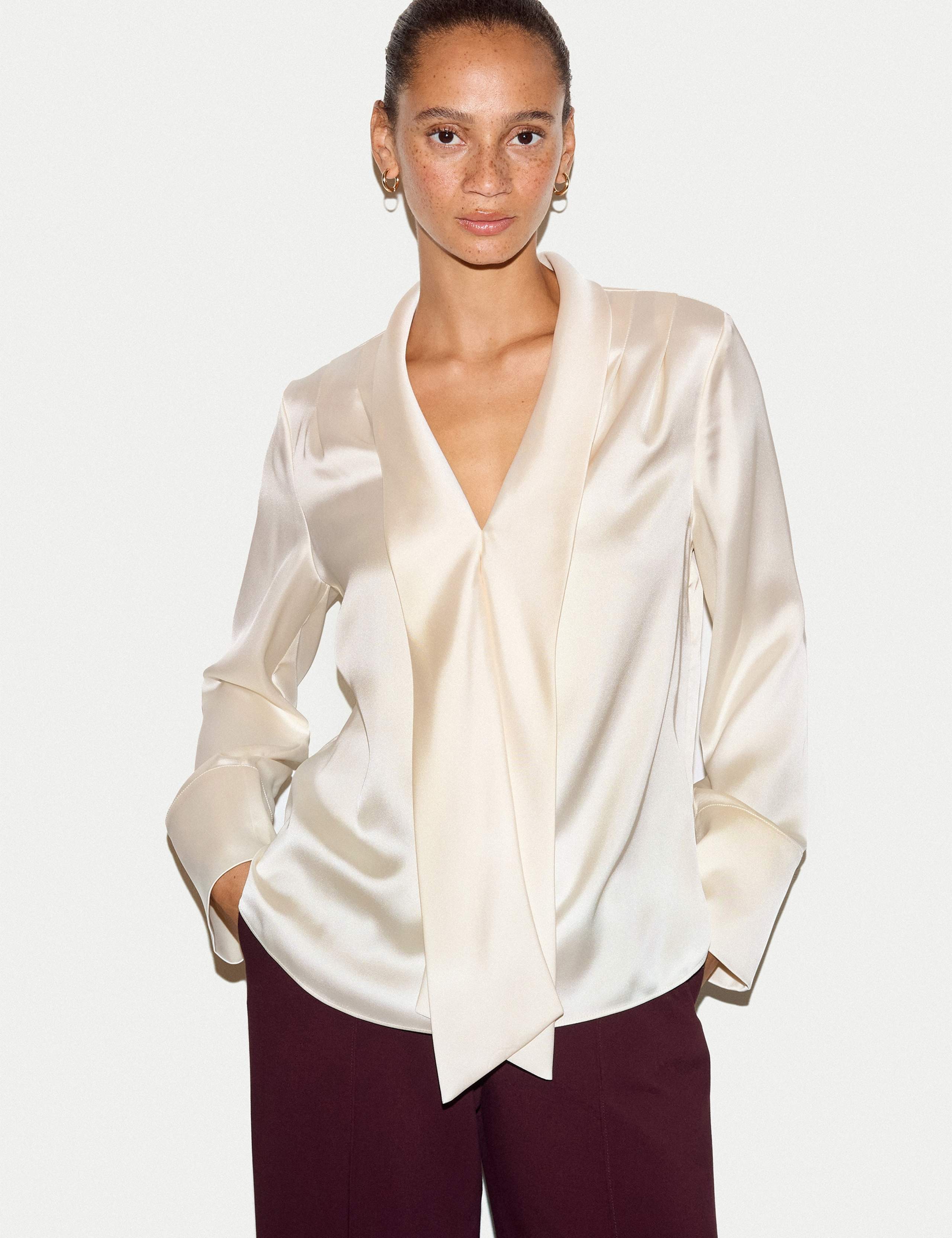 Satin V-Neck Tie Detail Relaxed Blouse 1 of 5