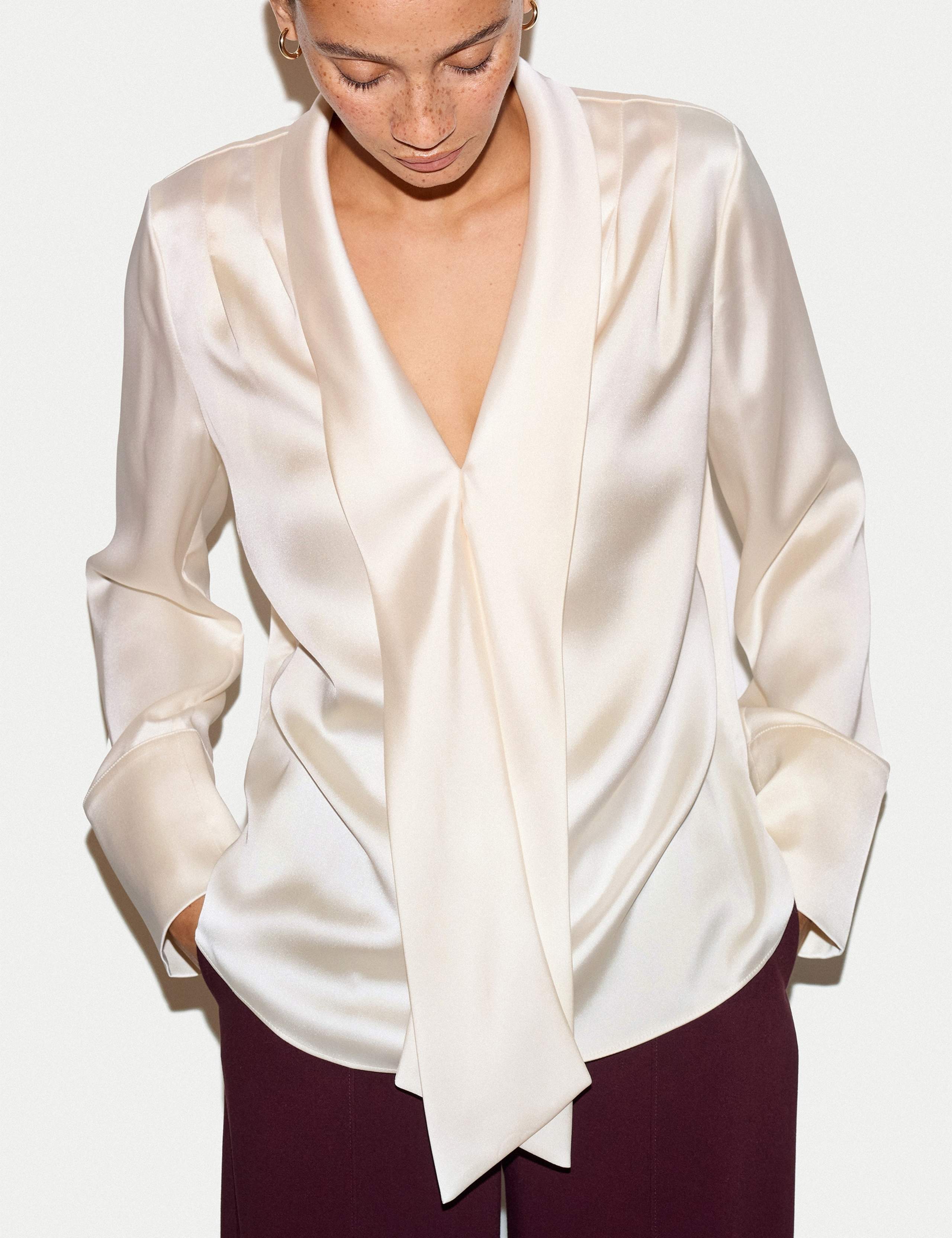 Satin V-Neck Tie Detail Relaxed Blouse 3 of 5
