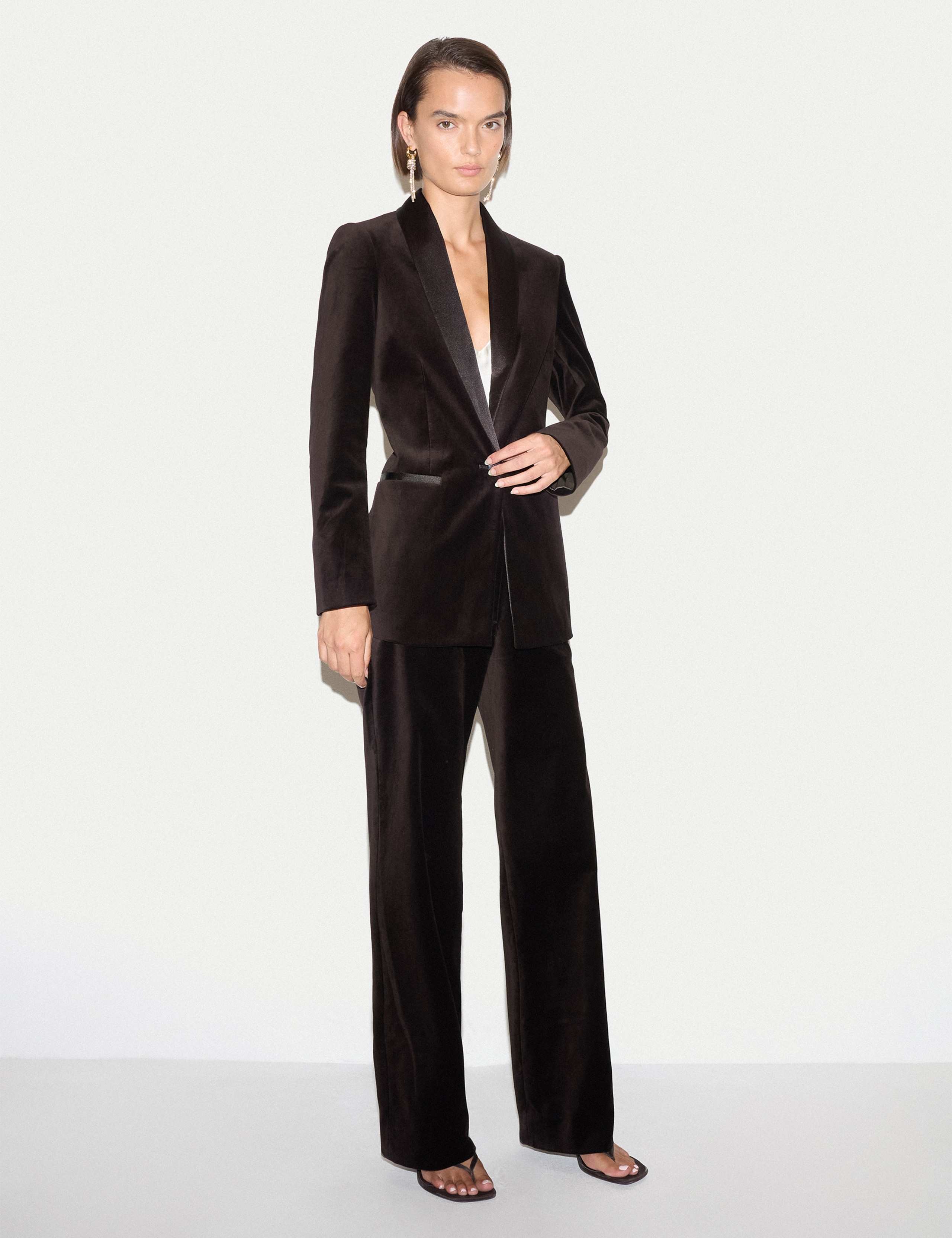 Velvet Satin Trim Straight Leg Trousers 3 of 5