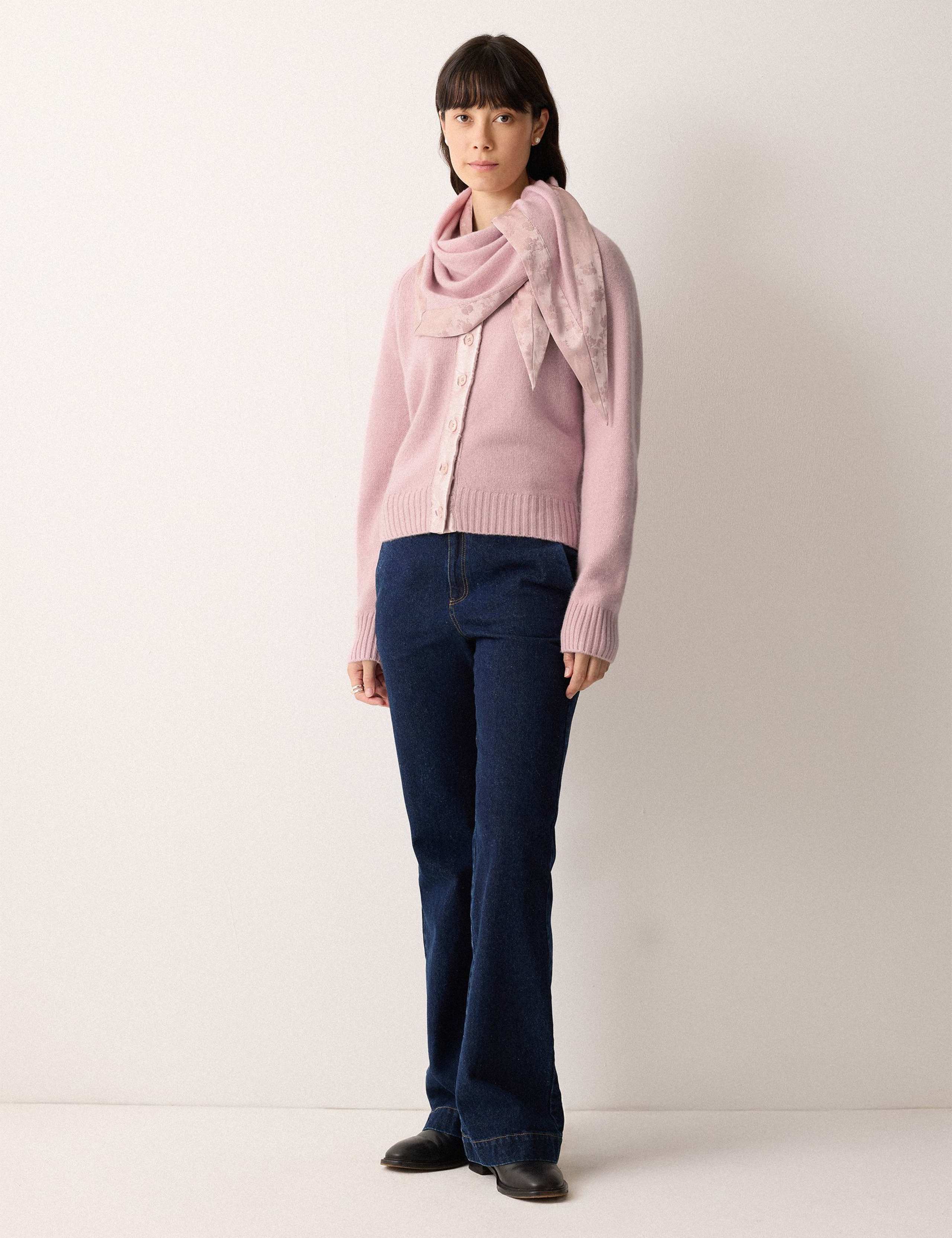 Wool Rich Crew Neck Satin Trim Cardigan 3 of 5