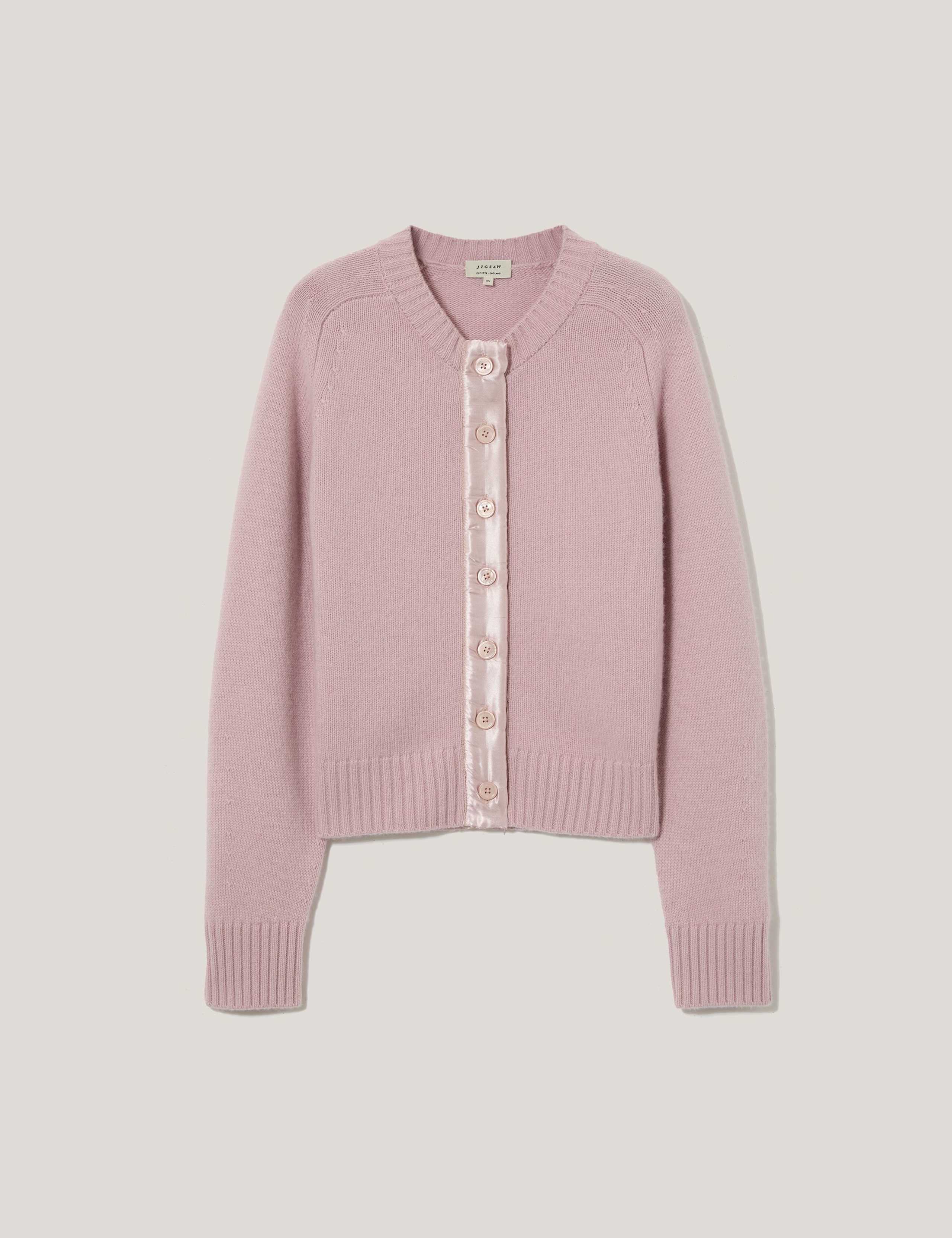 Wool Rich Crew Neck Satin Trim Cardigan 2 of 5