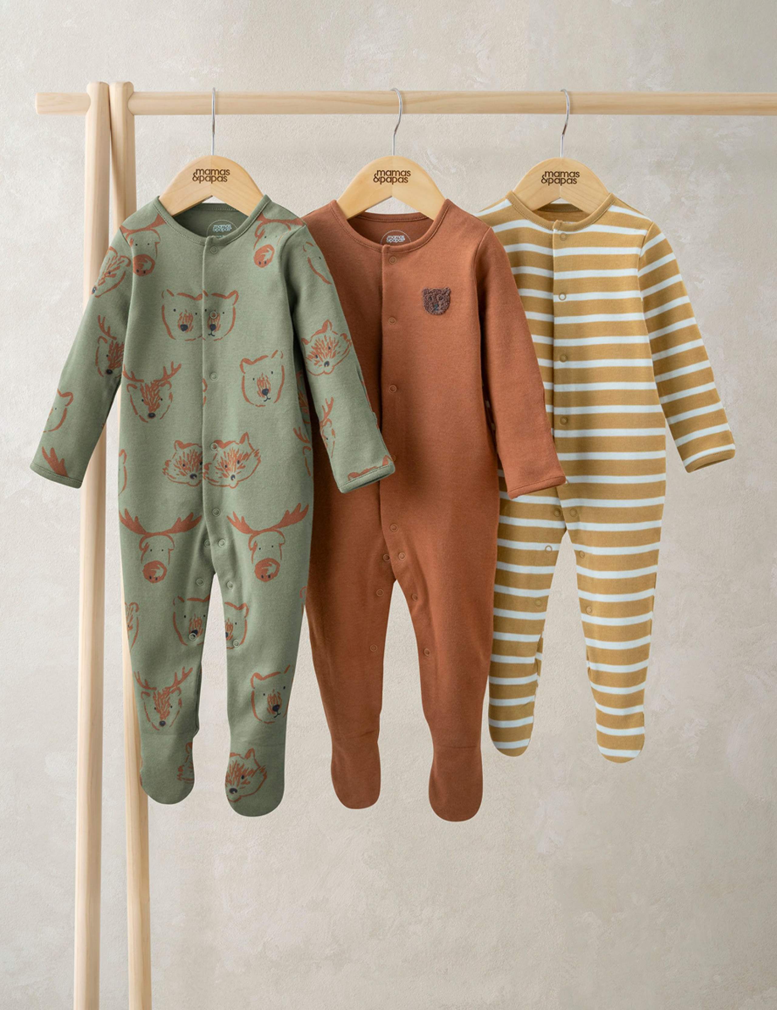 3 Pack Pure Cotton Animal & Stripe Sleepsuits (0-24 Mths) 1 of 2