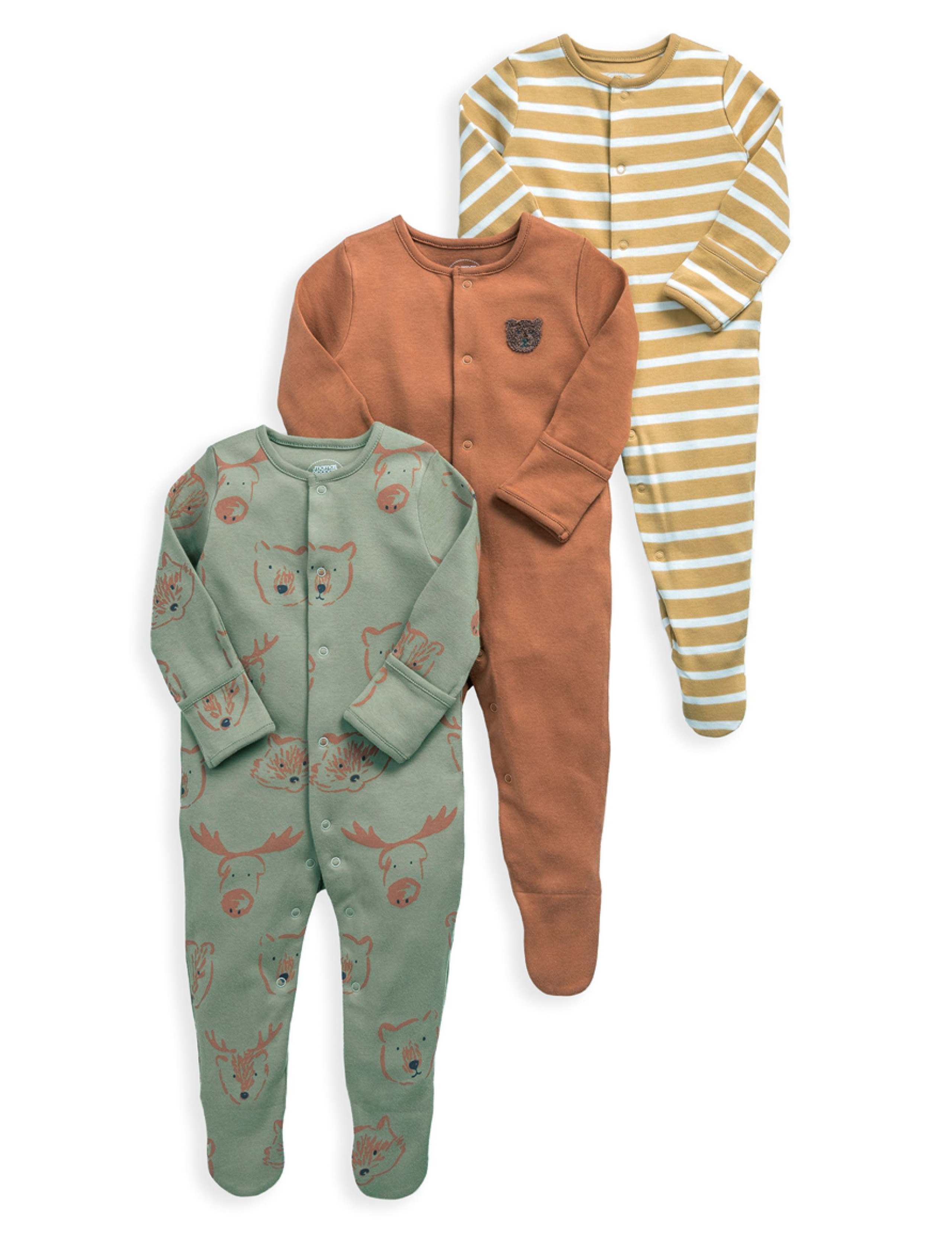 3 Pack Pure Cotton Animal & Stripe Sleepsuits (0-24 Mths) 2 of 2