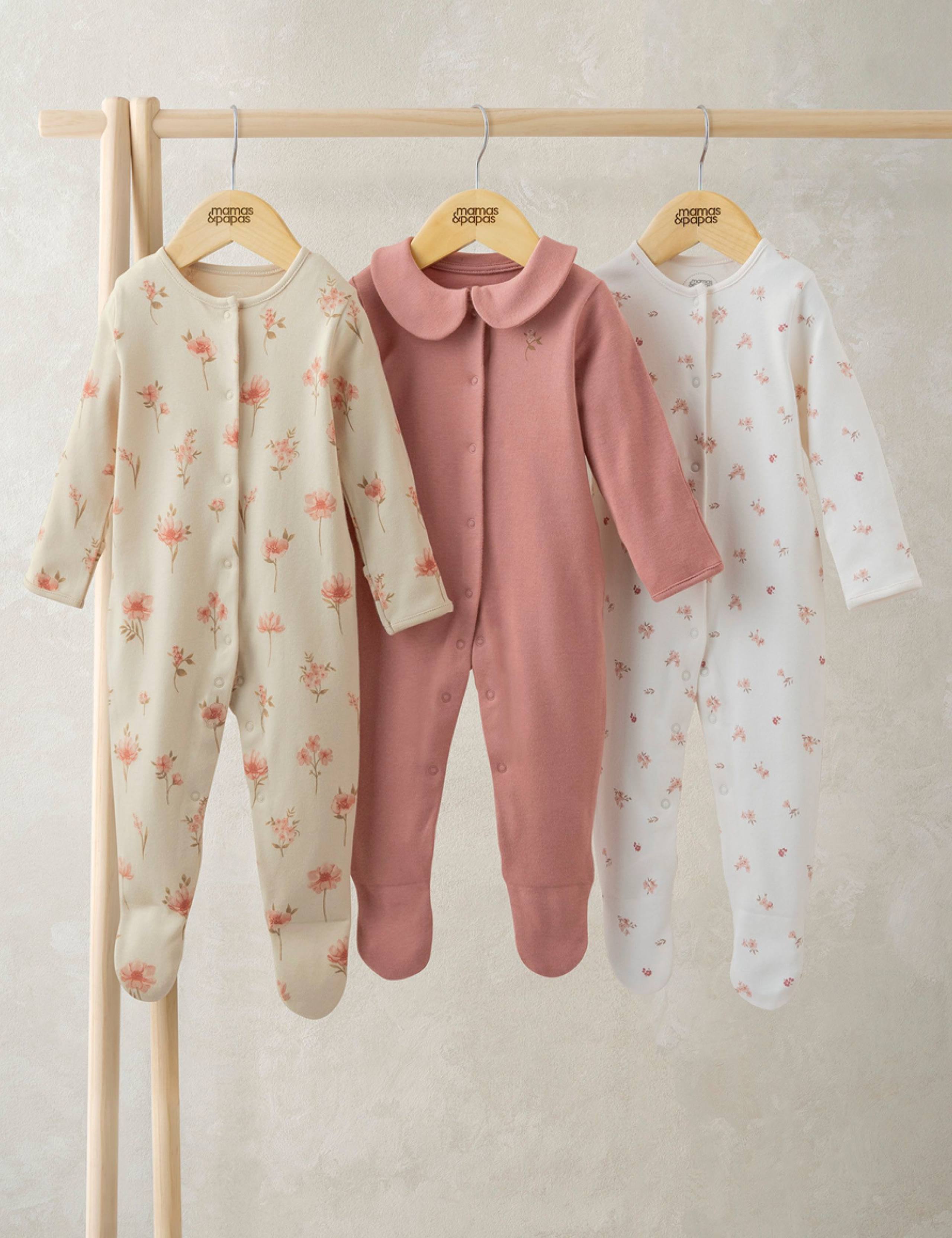 3 Pack Pure Cotton Floral Sleepsuits (0-24 Mths) 1 of 2