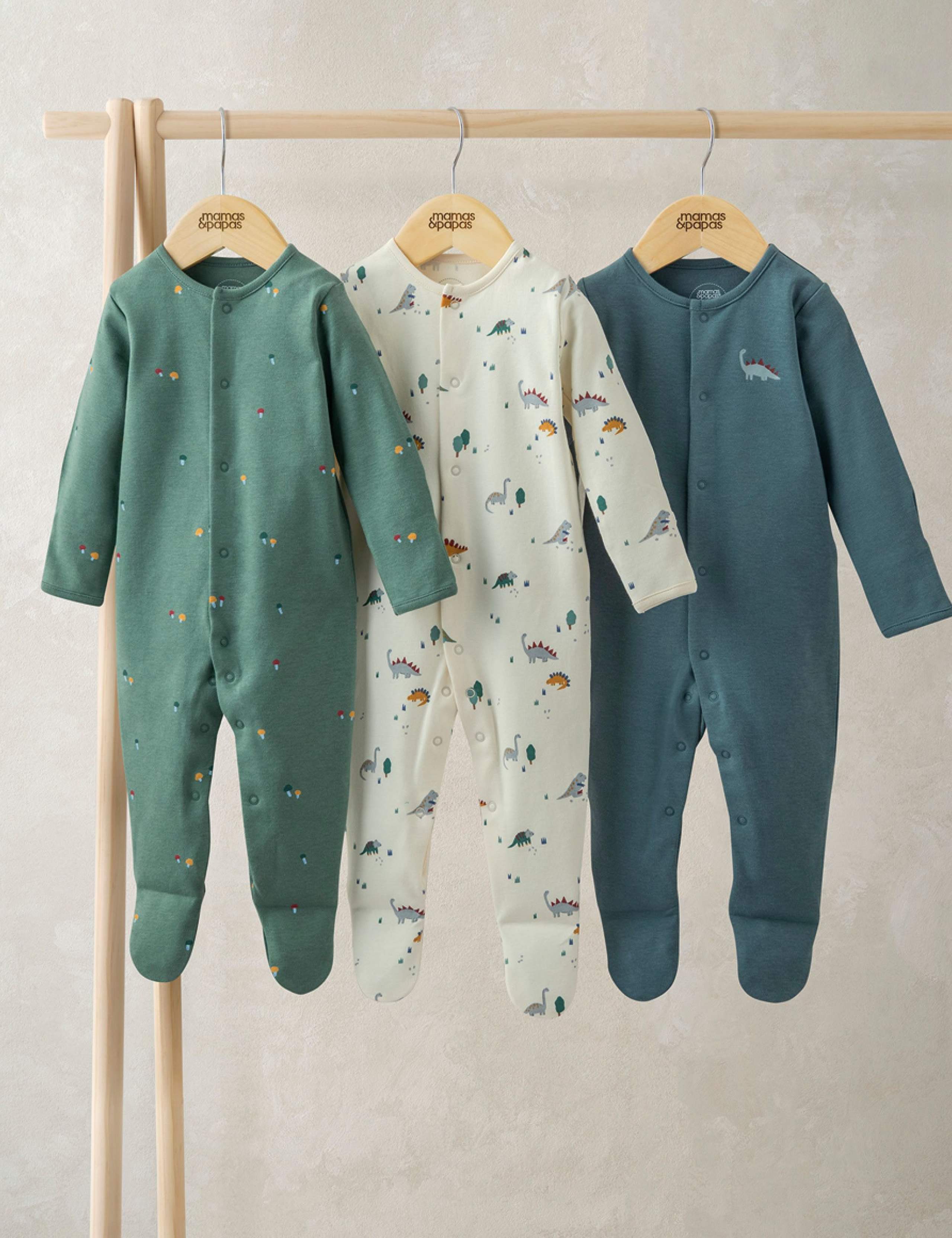3 Pack Pure Cotton Dinosaur Sleepsuits (0-24 Mths) 1 of 2