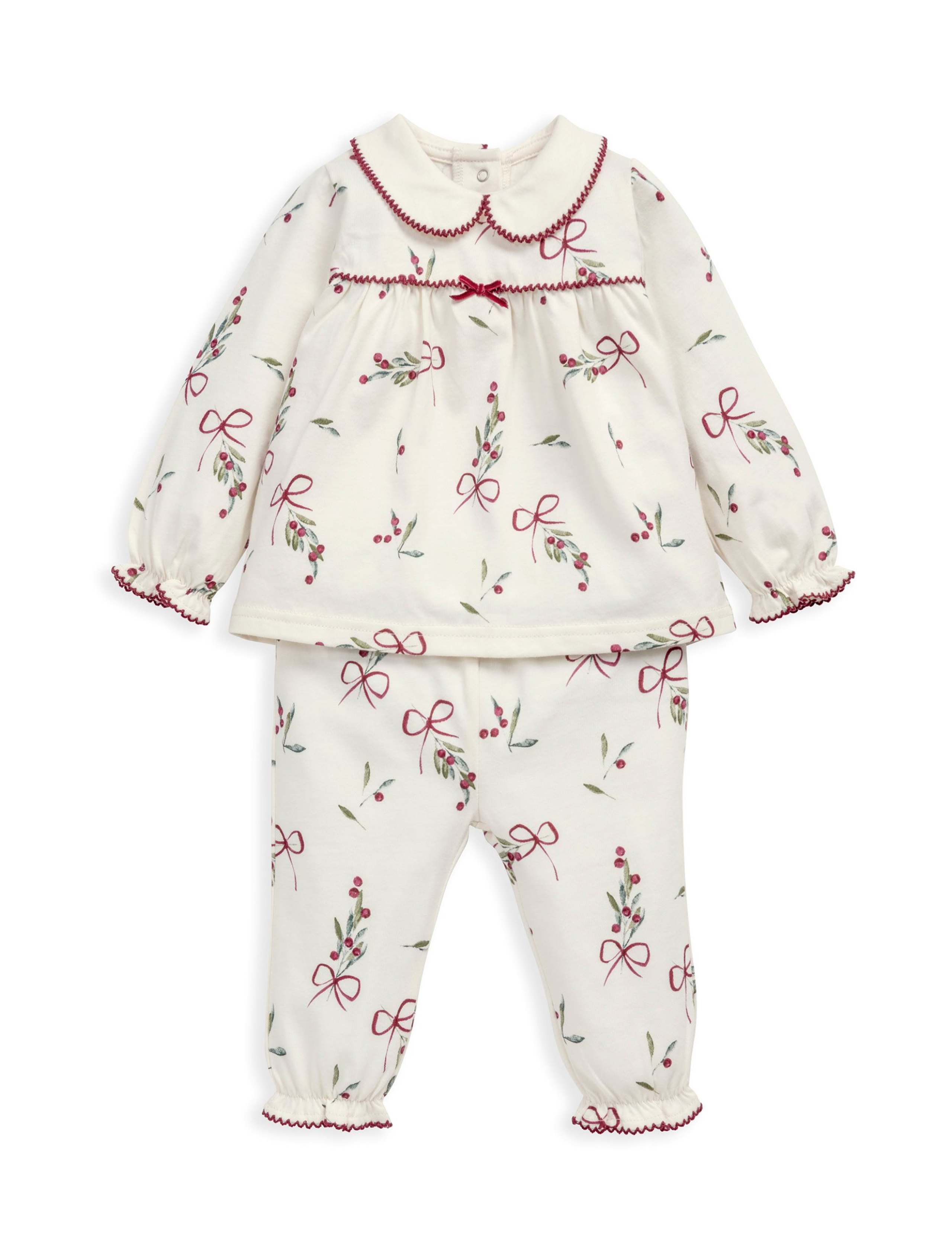 Pure Cotton Mistletoe Print Christmas Pyjamas (0 Mths-3 Yrs) 2 of 10