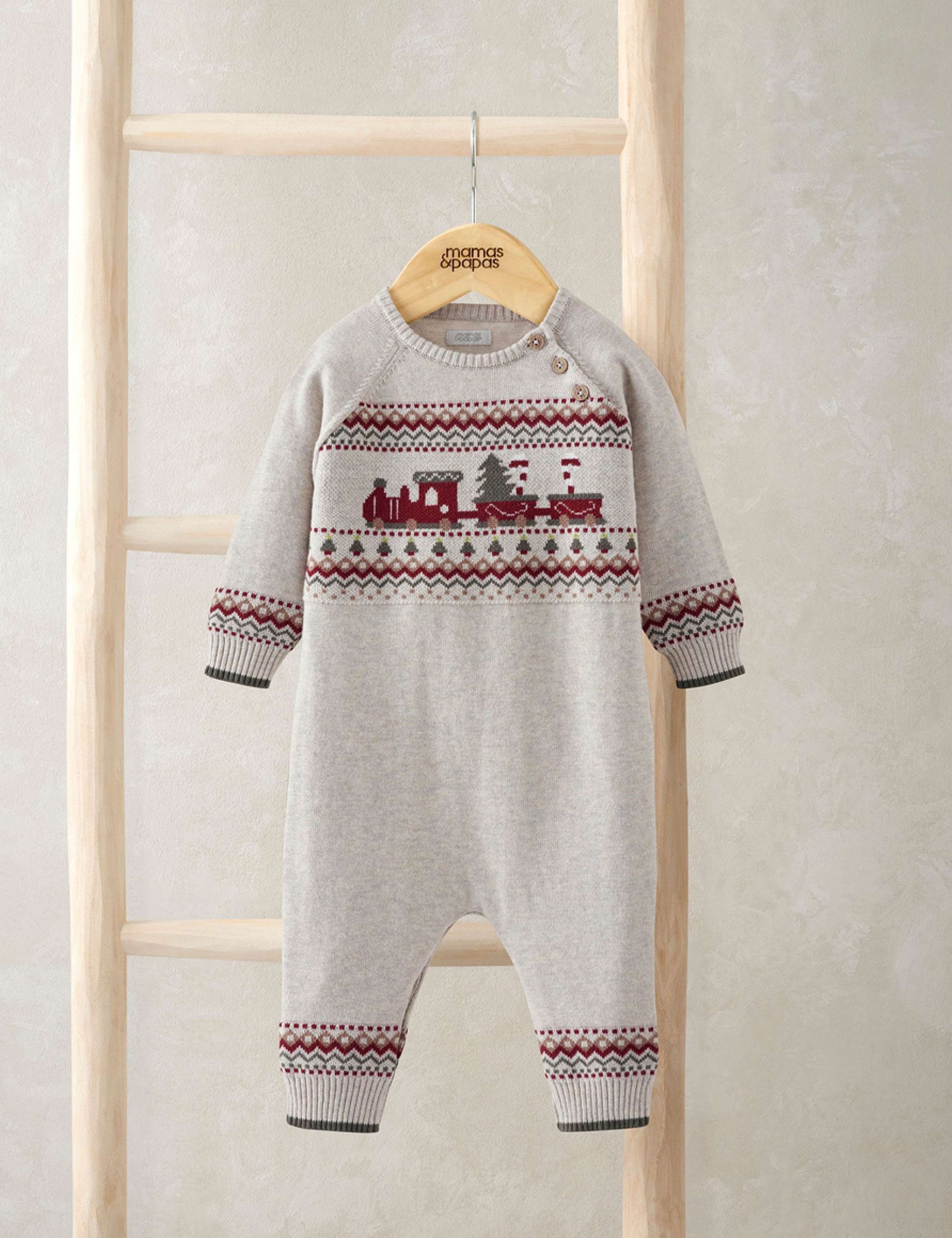 Pure Cotton Christmas Train Knitted Romper (0-18 Mths) 1 of 3