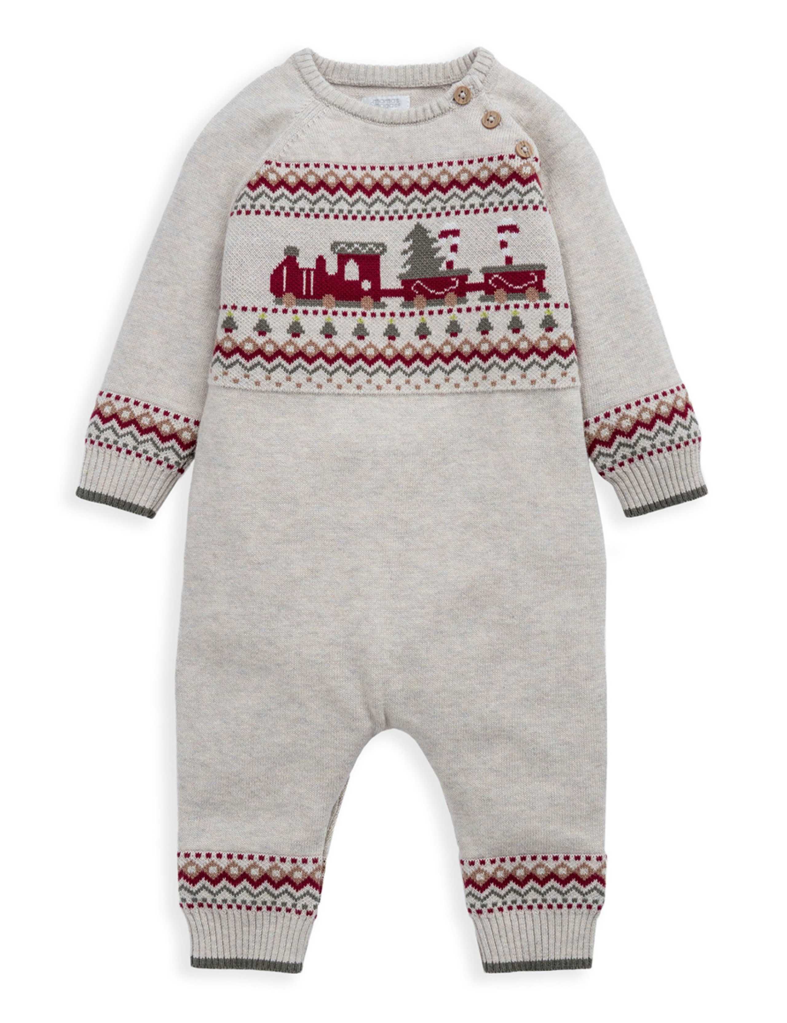 Pure Cotton Christmas Train Knitted Romper (0-18 Mths) 2 of 3