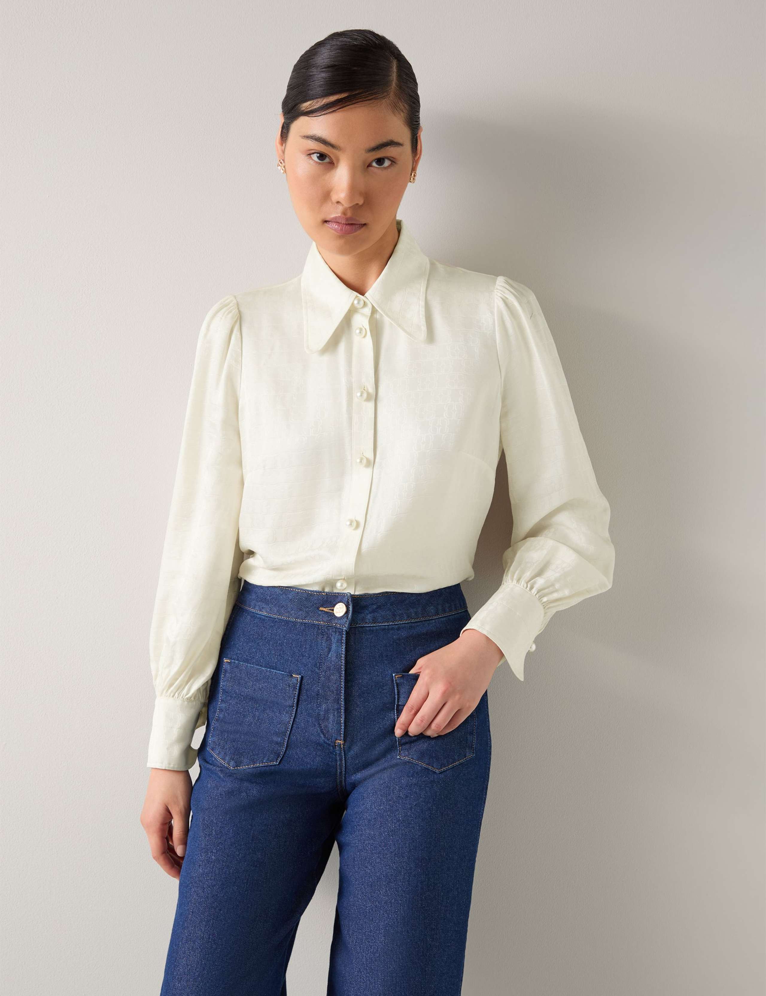 Jacquard Printed Collared Blouse with Silk 3 of 3