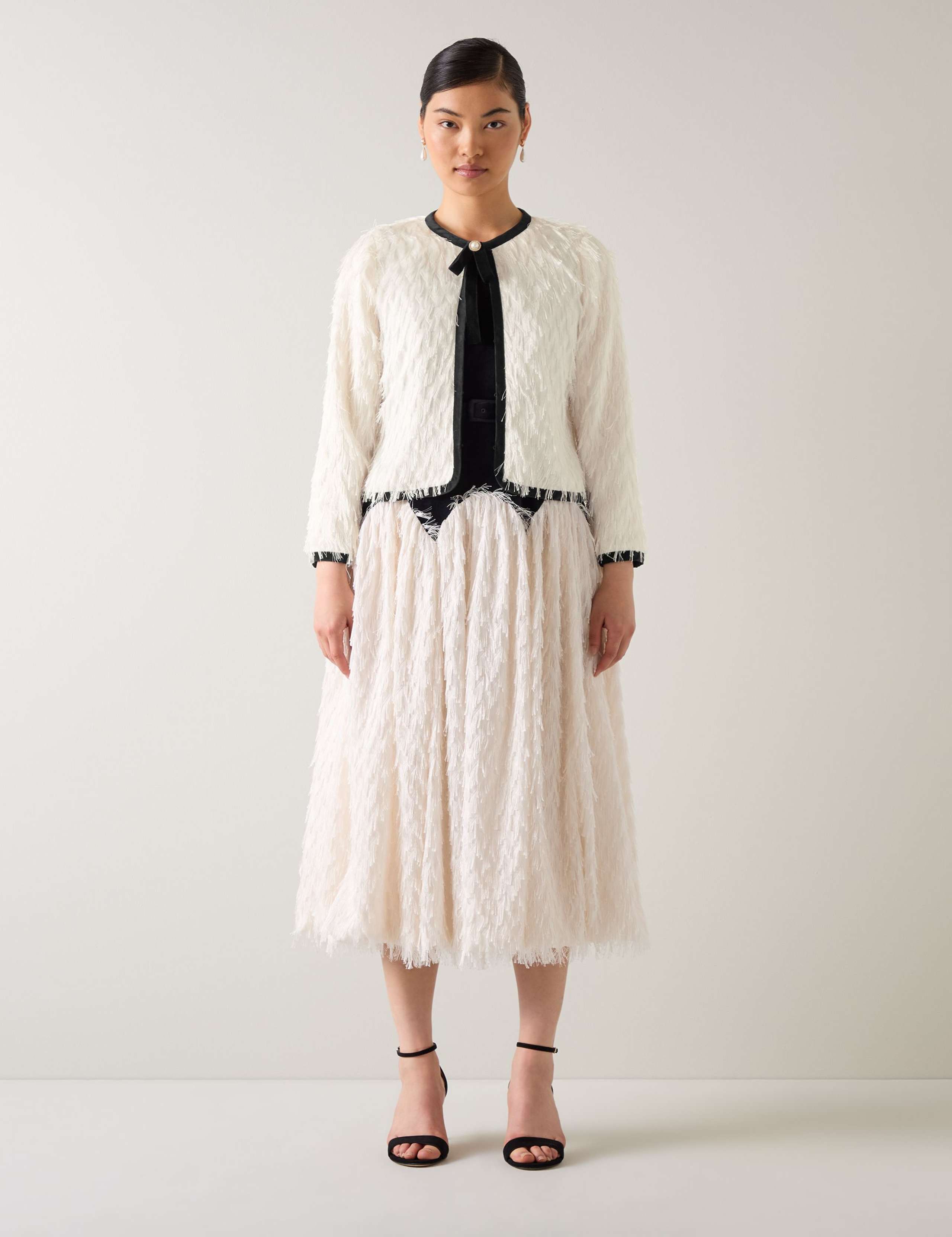 Velvet Trim Fringed Collarless Jacket 1 of 1