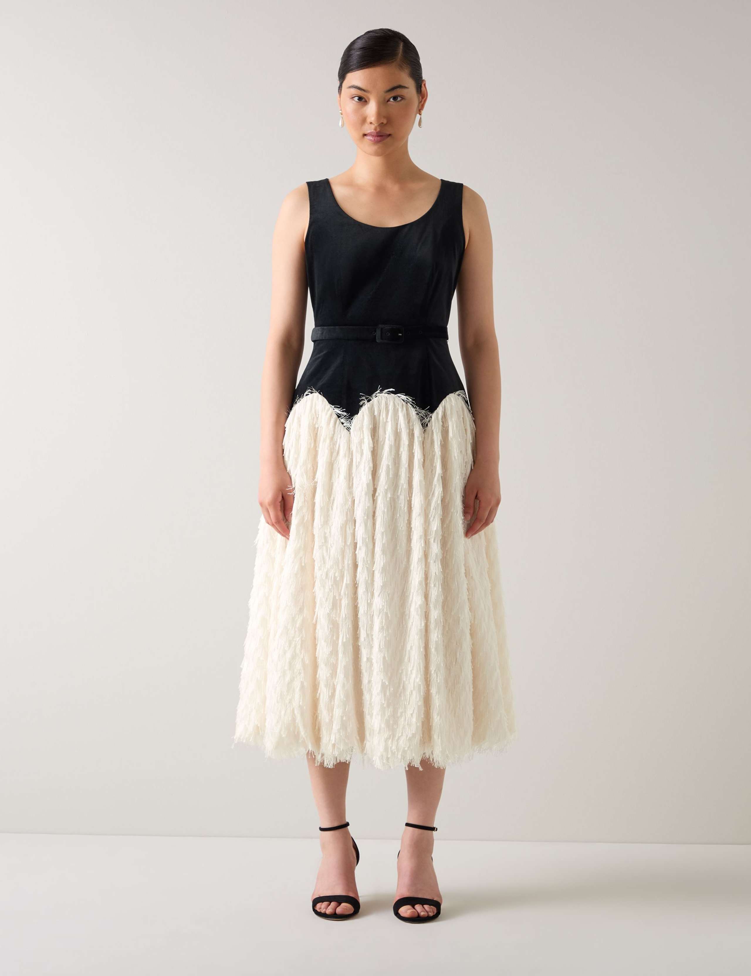 Velvet Scoop Neck Contrast Fringing Midi Dress 1 of 3