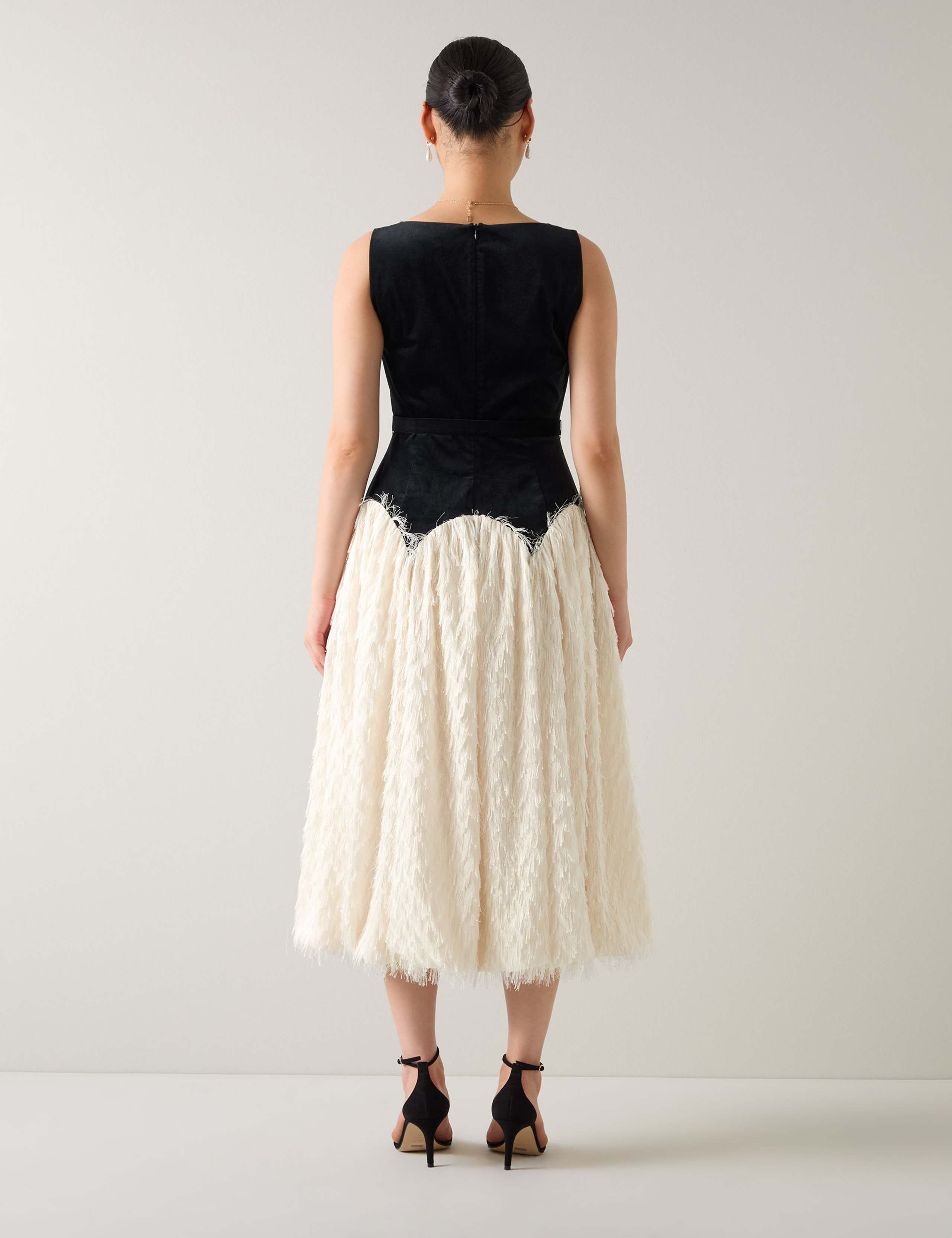 Velvet Scoop Neck Contrast Fringing Midi Dress 2 of 3