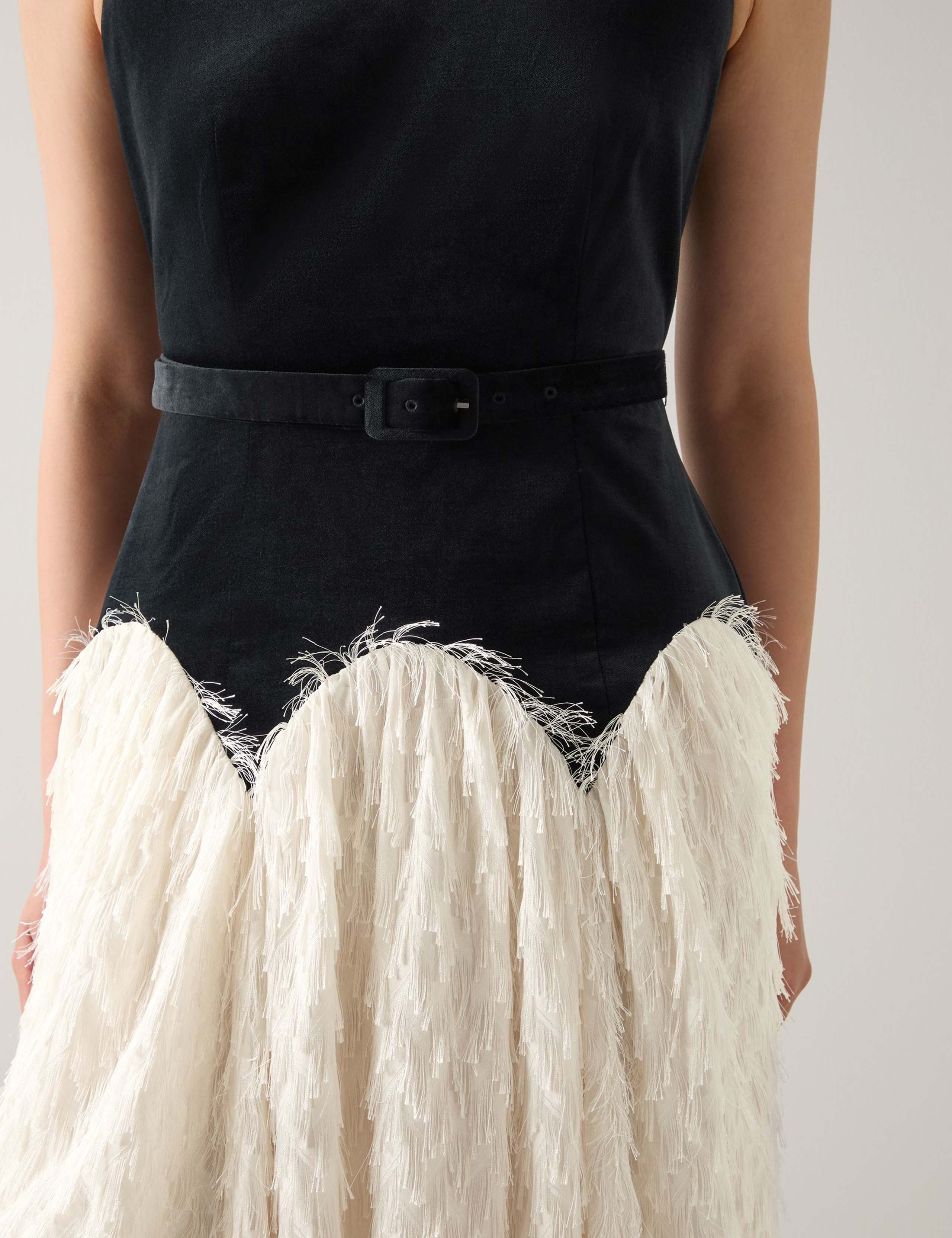 Velvet Scoop Neck Contrast Fringing Midi Dress 3 of 3