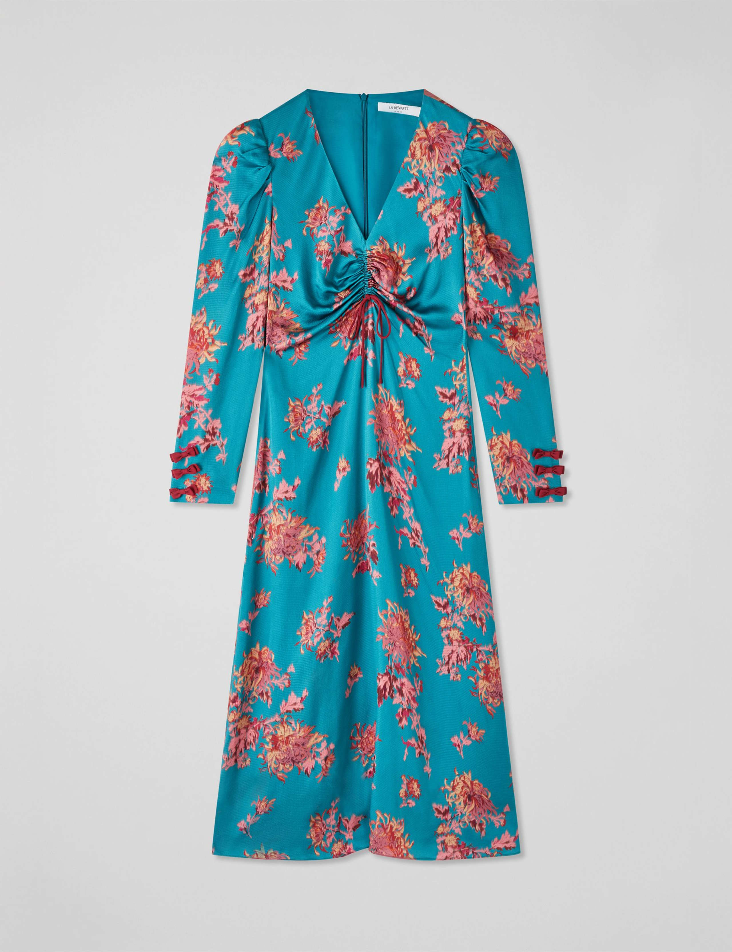 Satin Floral V-Neck Puff Sleeve Midi Dress 2 of 3