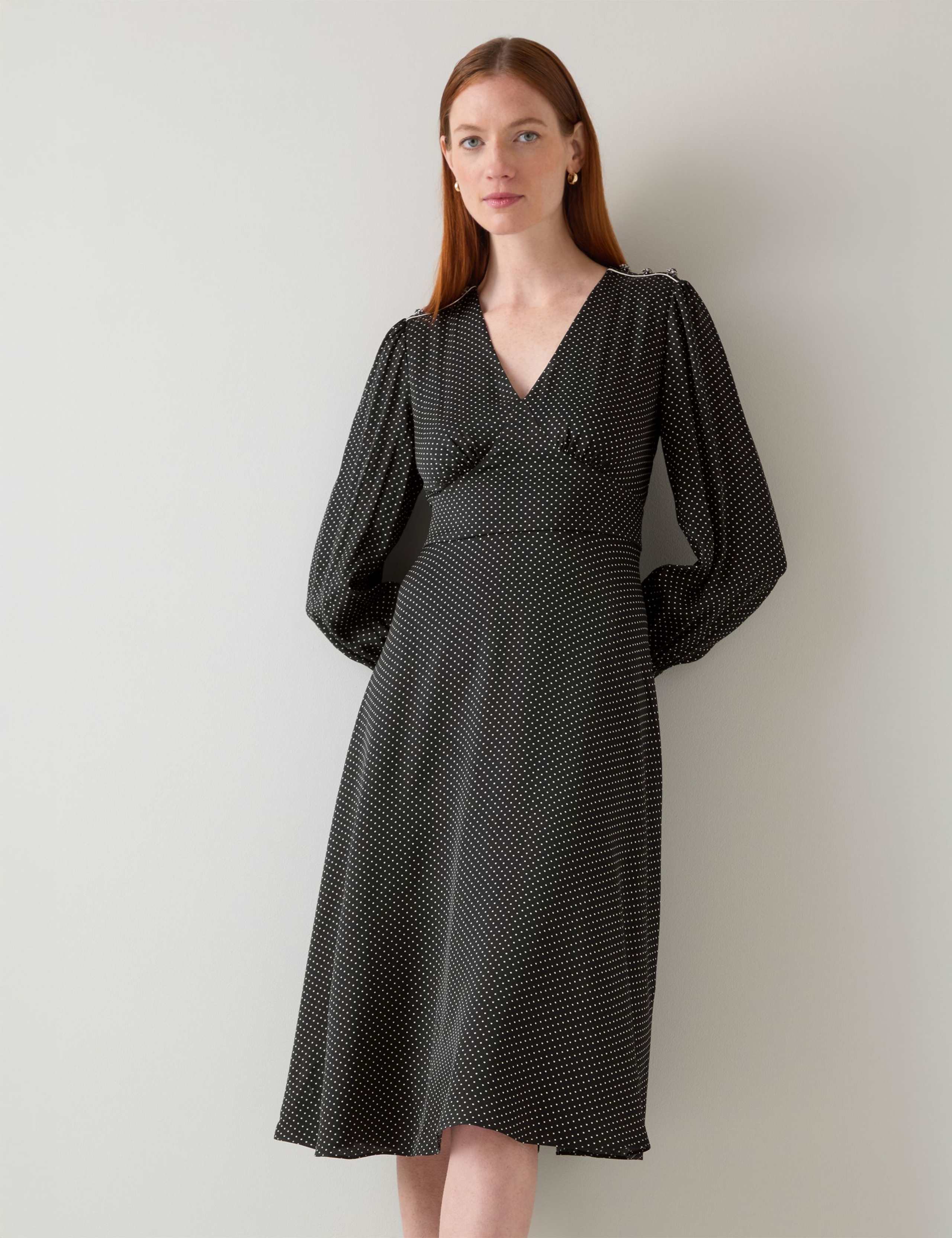 Crepe Spot Print V-Neck Waisted Dress 3 of 4